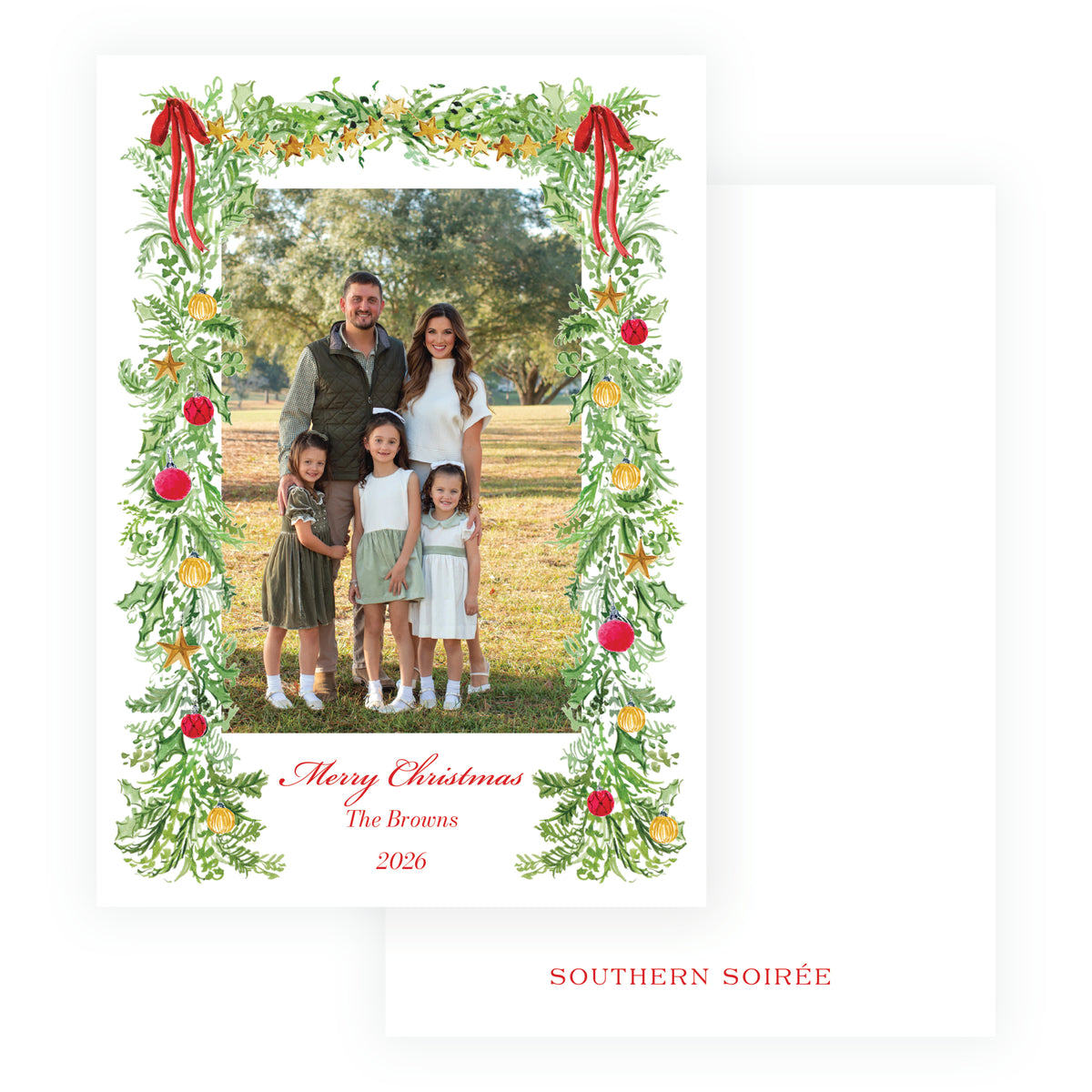 Festive Fir Red Ribbon Garland Personalized Christmas Photo Card