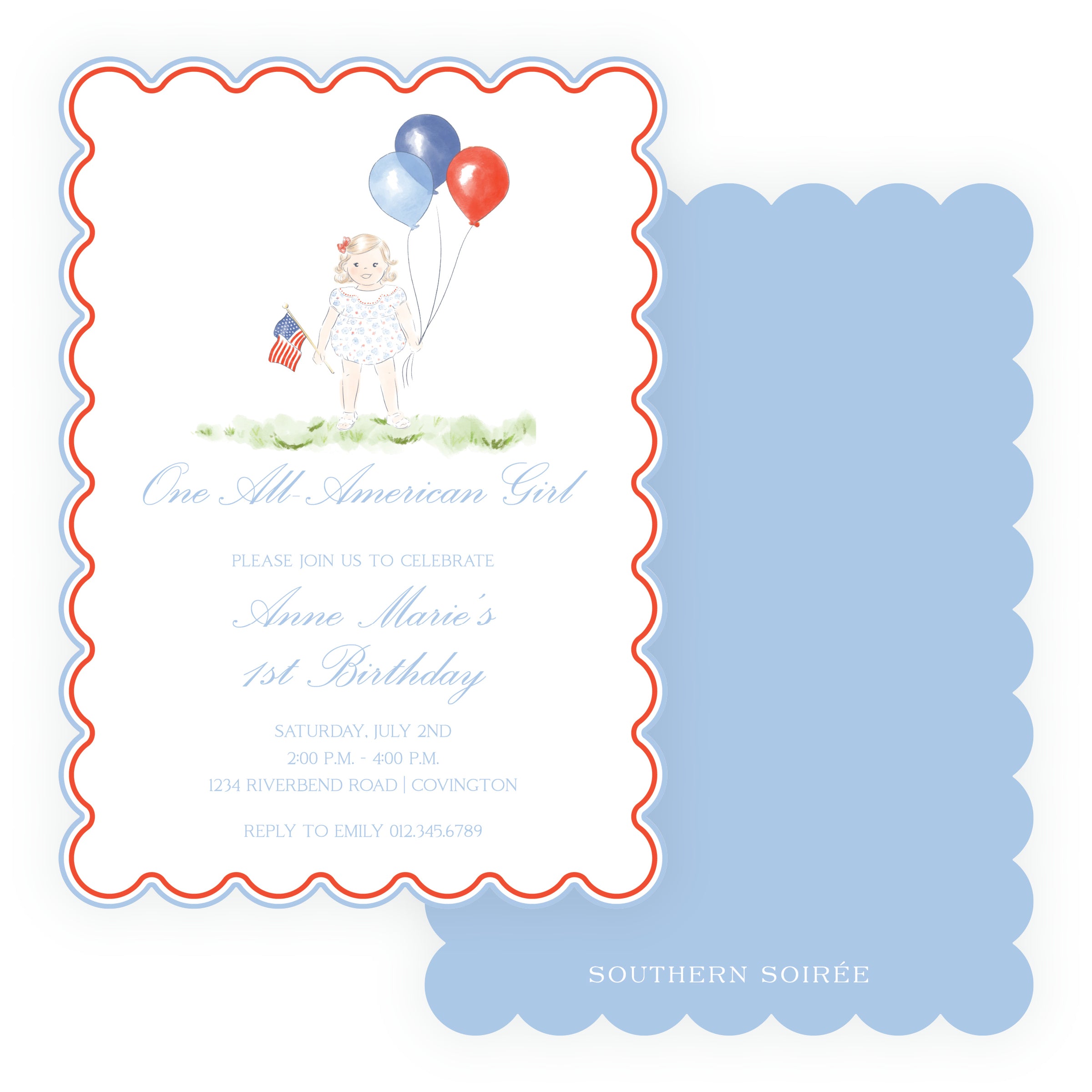 Sweet Liberty Toddler Girl and Balloons Scallop Invitation