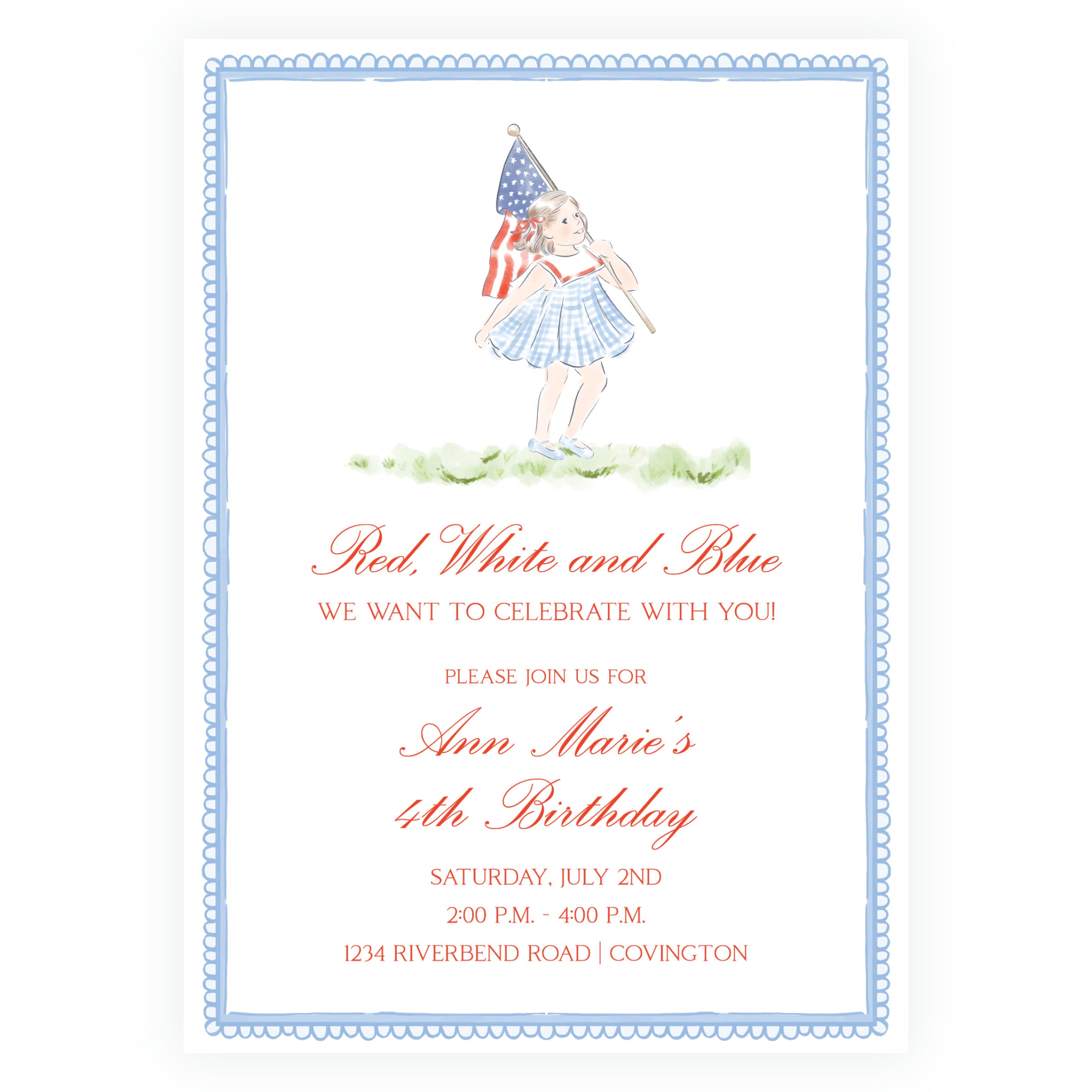 Sweet Liberty Patriotic Girl with American Flag Birthday Invitation