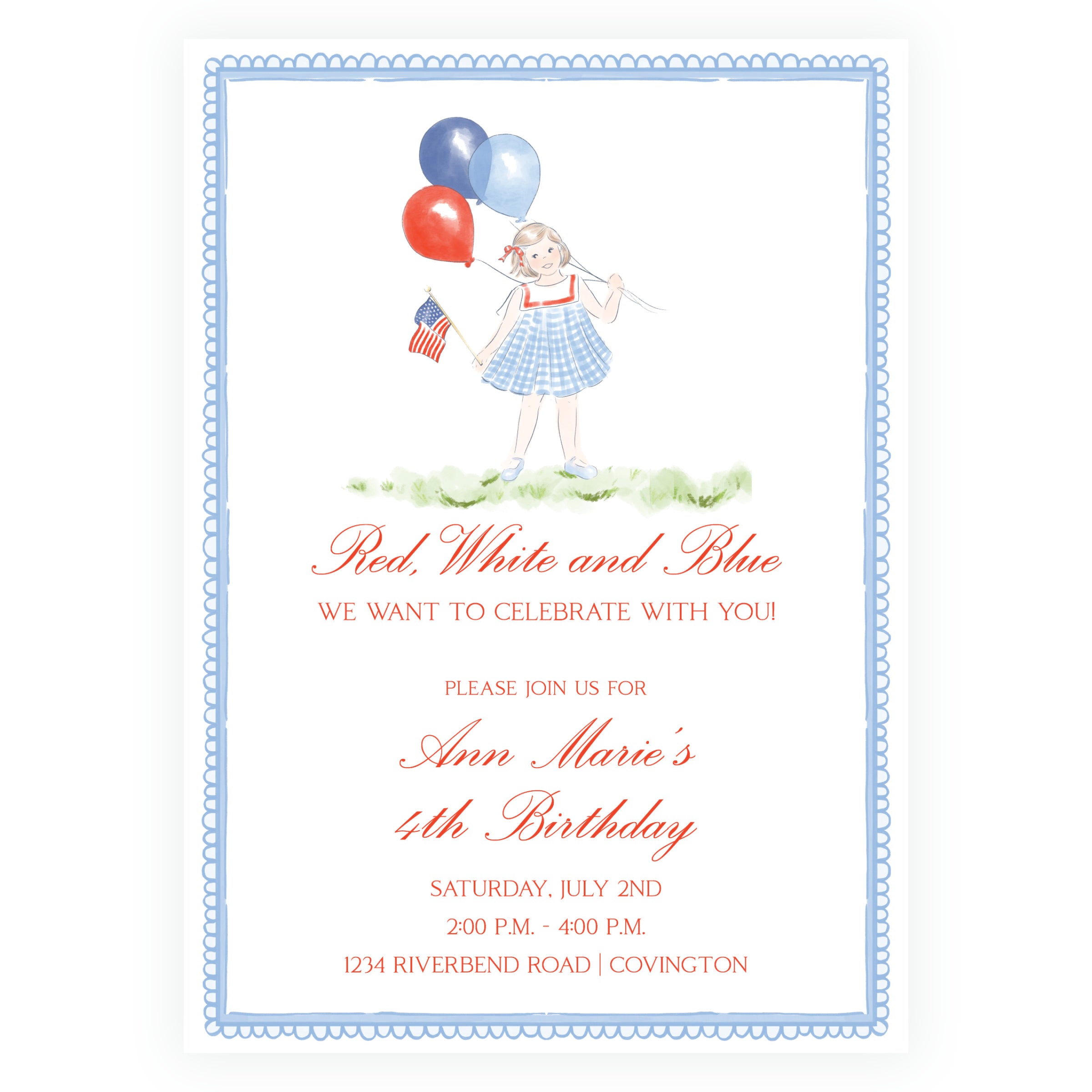 Sweet Liberty Patriotic Girl with Balloons Birthday Invitation