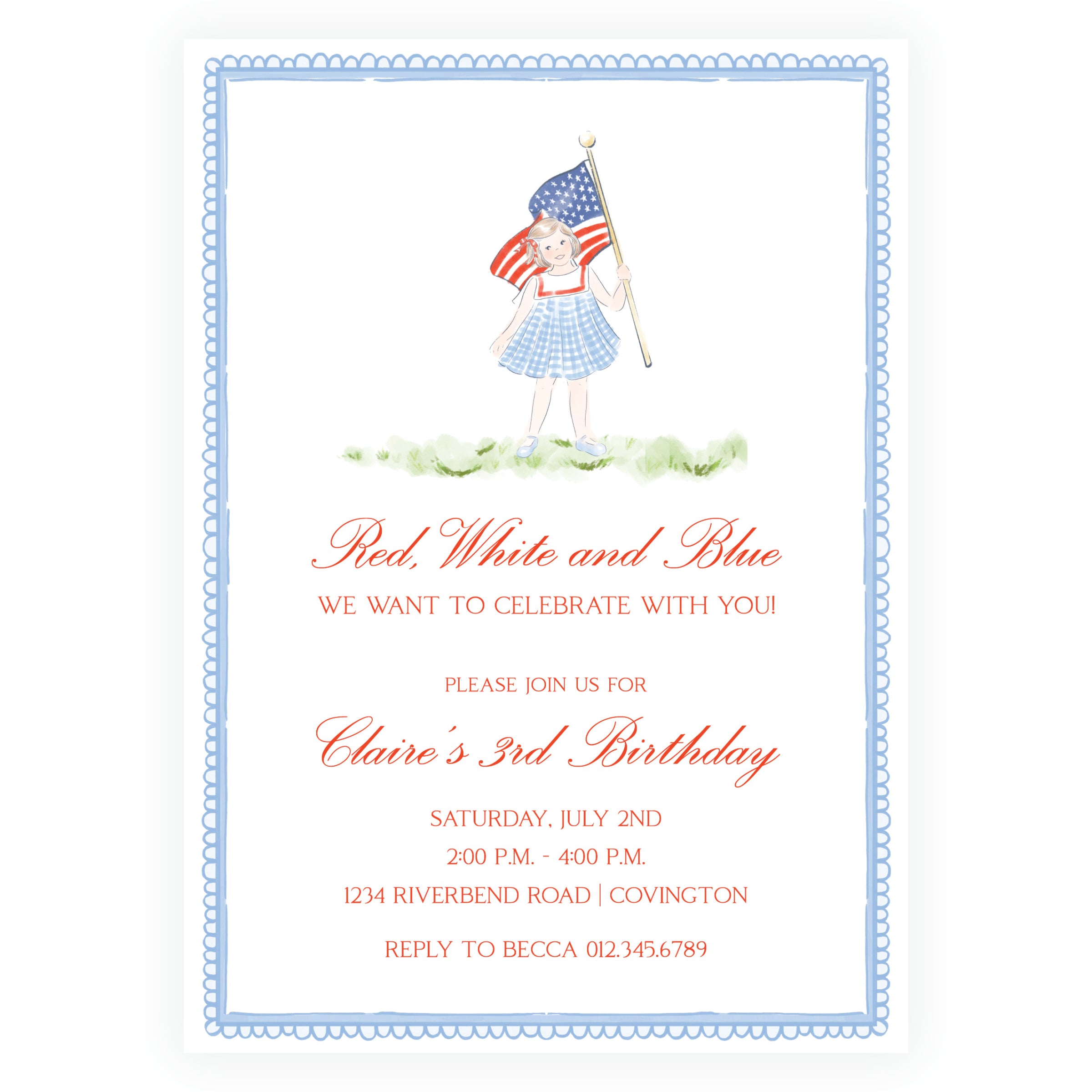 Sweet Liberty Red, White and Blue Girl Birthday Invitation