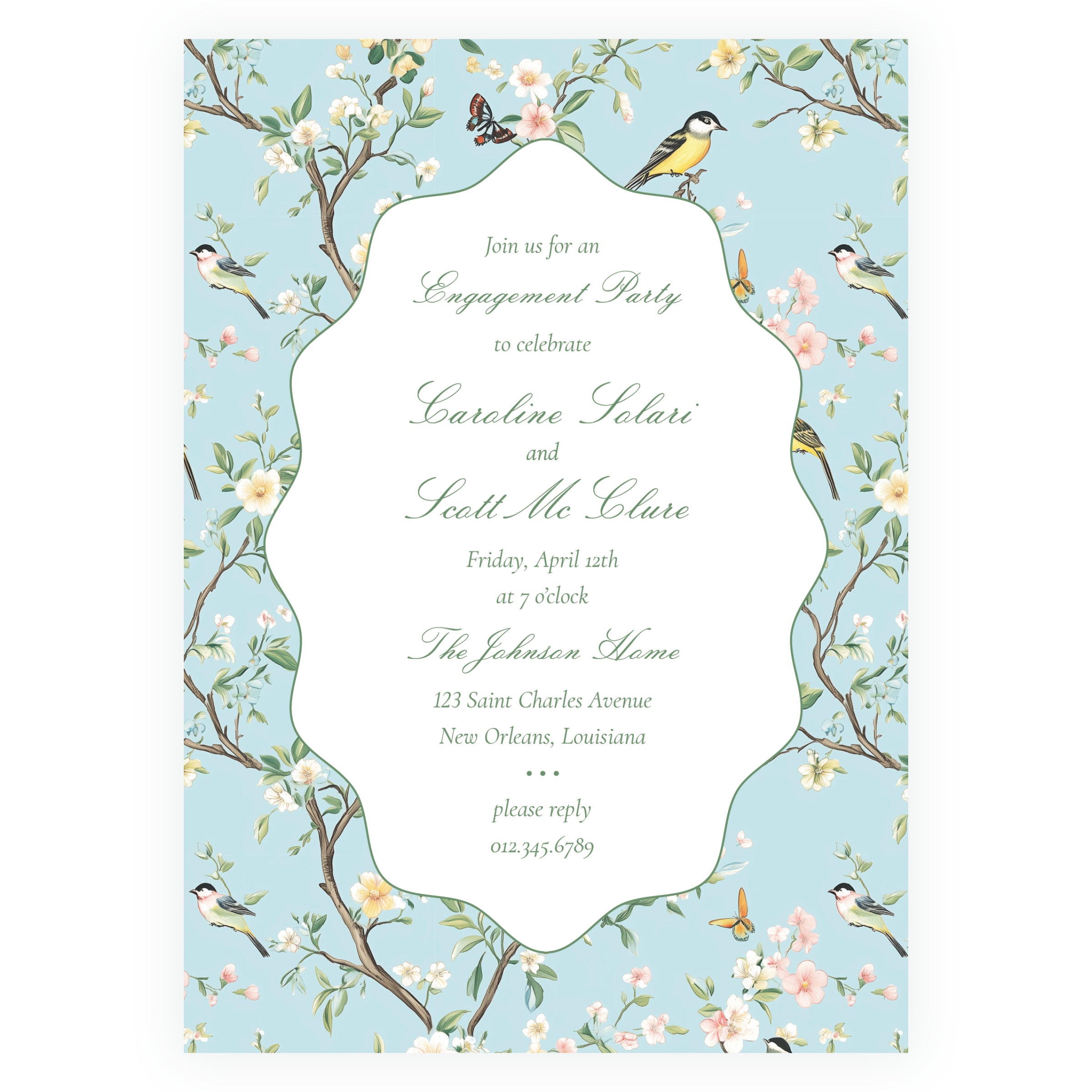 Vintage Blue Chinoiserie Wavy Border Invitation