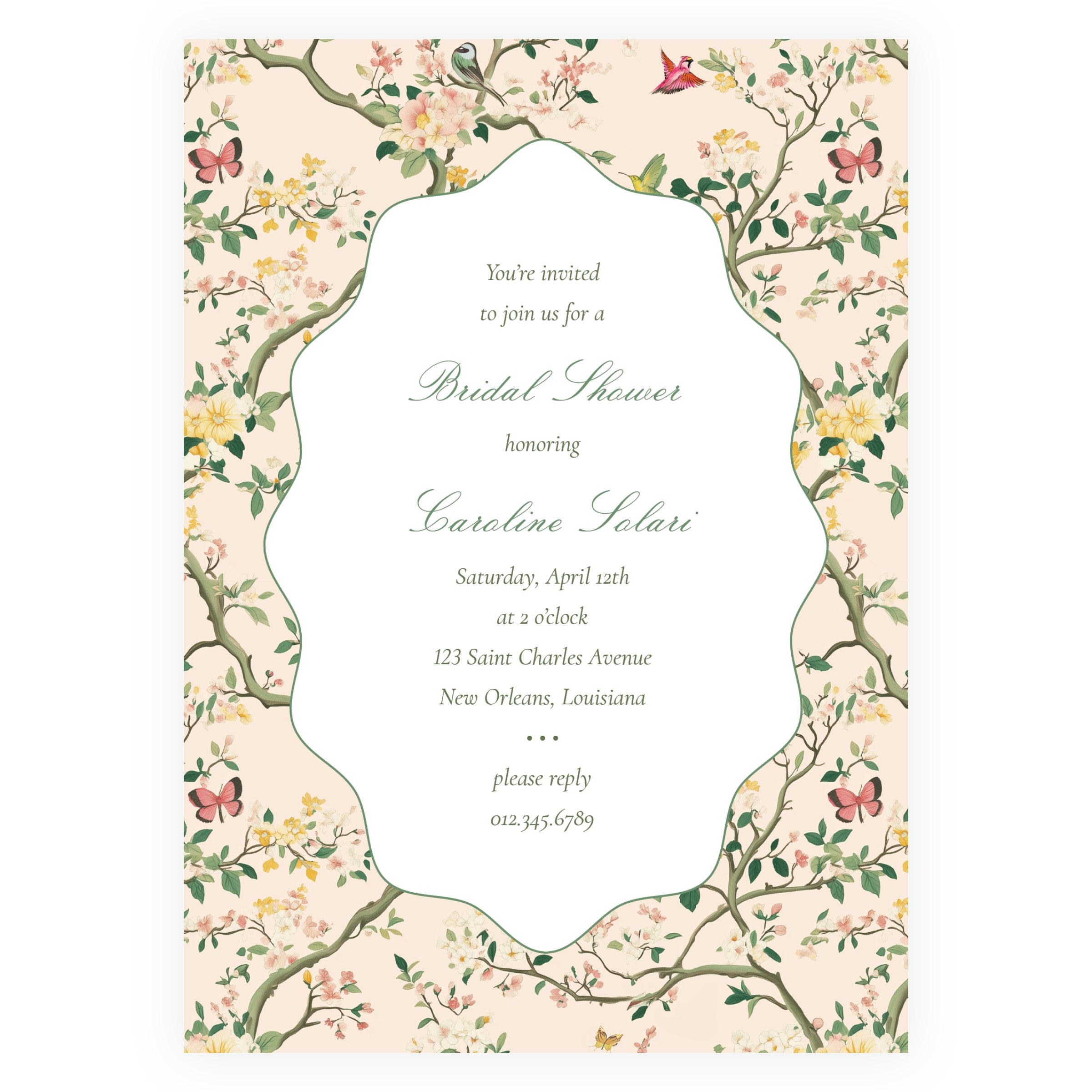 Vintage Peach Chinoiserie Wavy Border Invitation