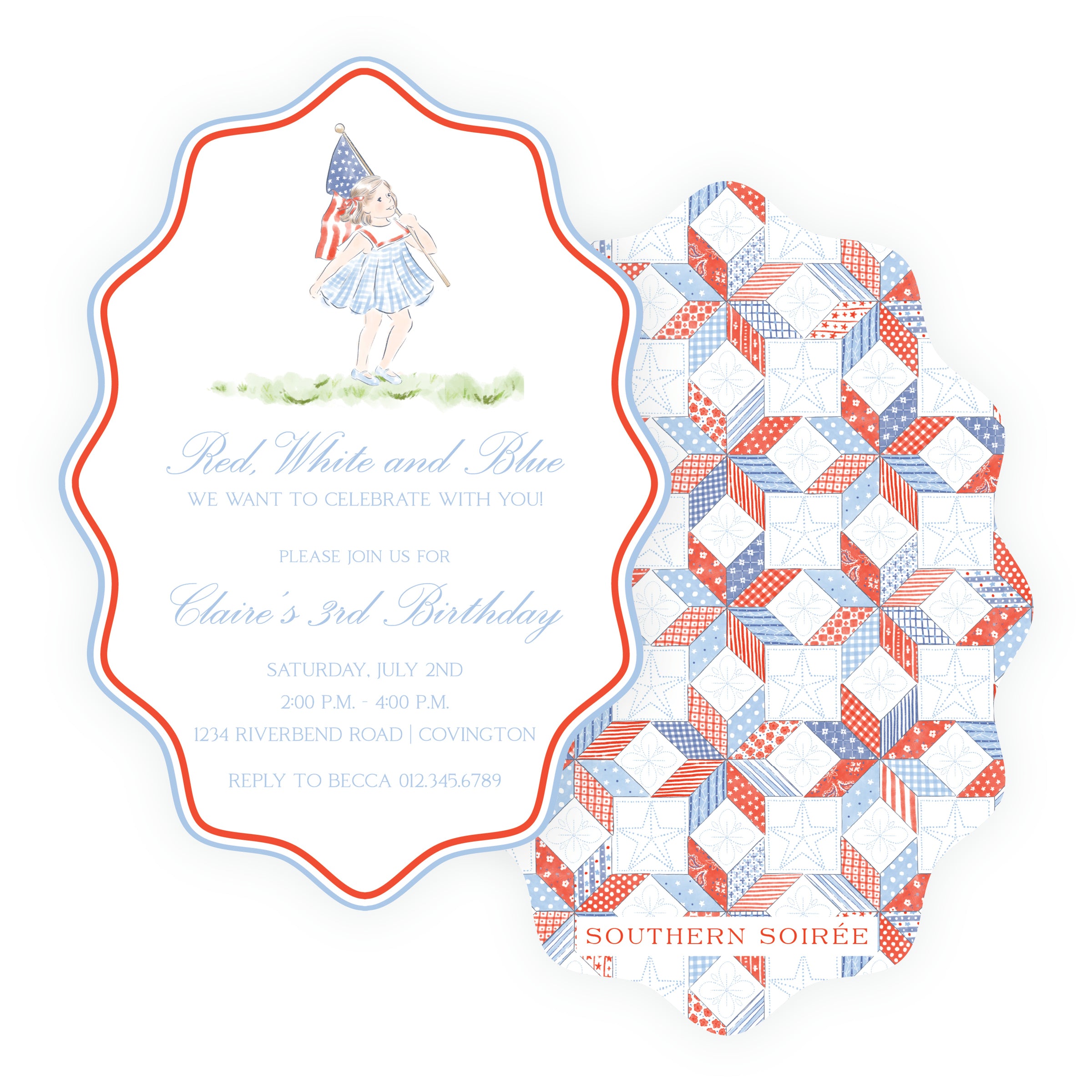 Patriotic birthday invitation with red white blue patchwork backing, watercolor girl illustration, classic southern children’s invitation design, all American theme party invitation