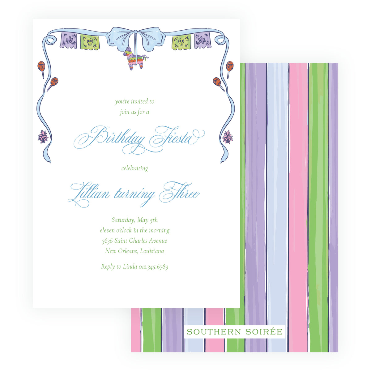 Colorful fiesta birthday invitation with papel picado and piñata artwork