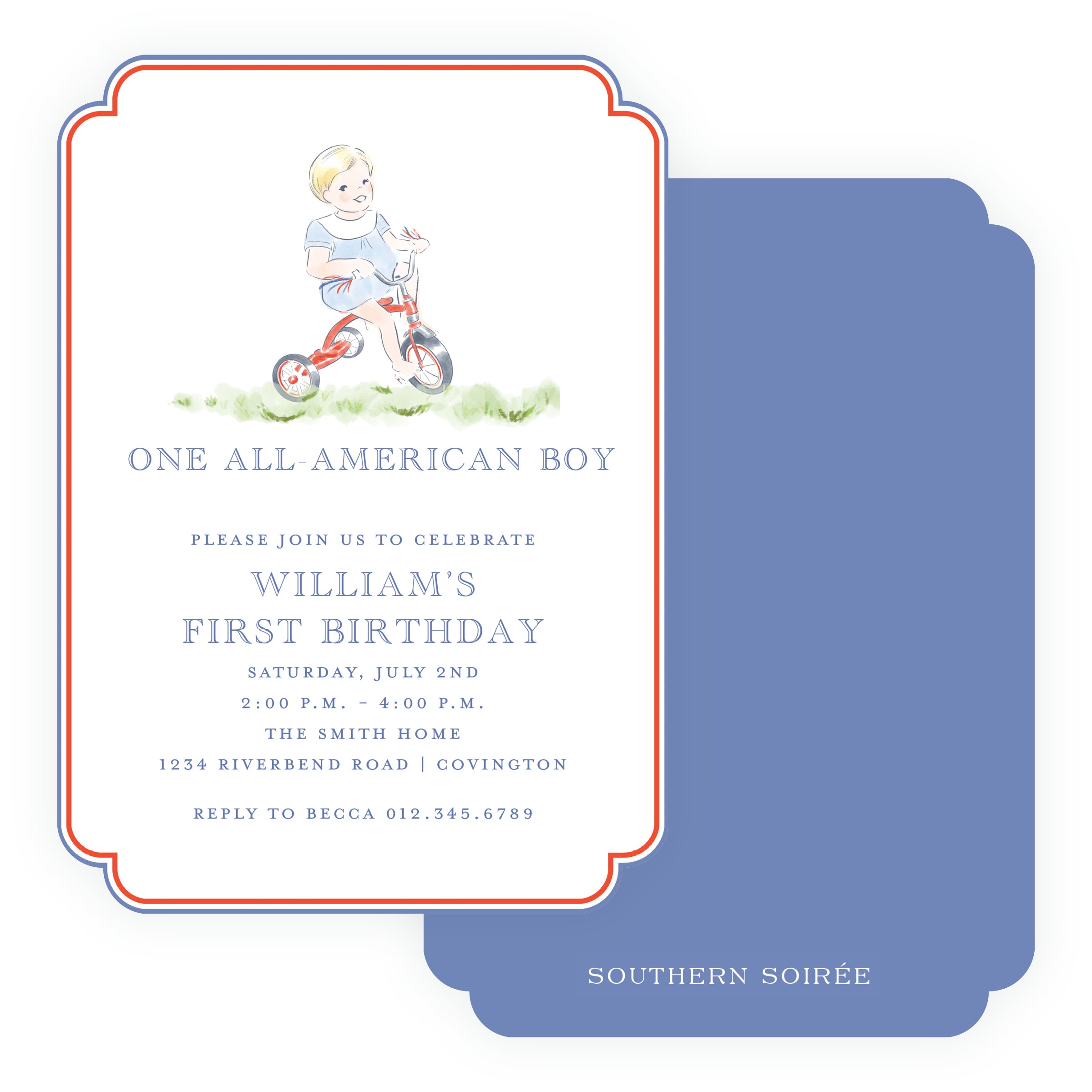 All-American boy birthday invitation with child riding a red tricycle and patriotic quilt-patterned back
