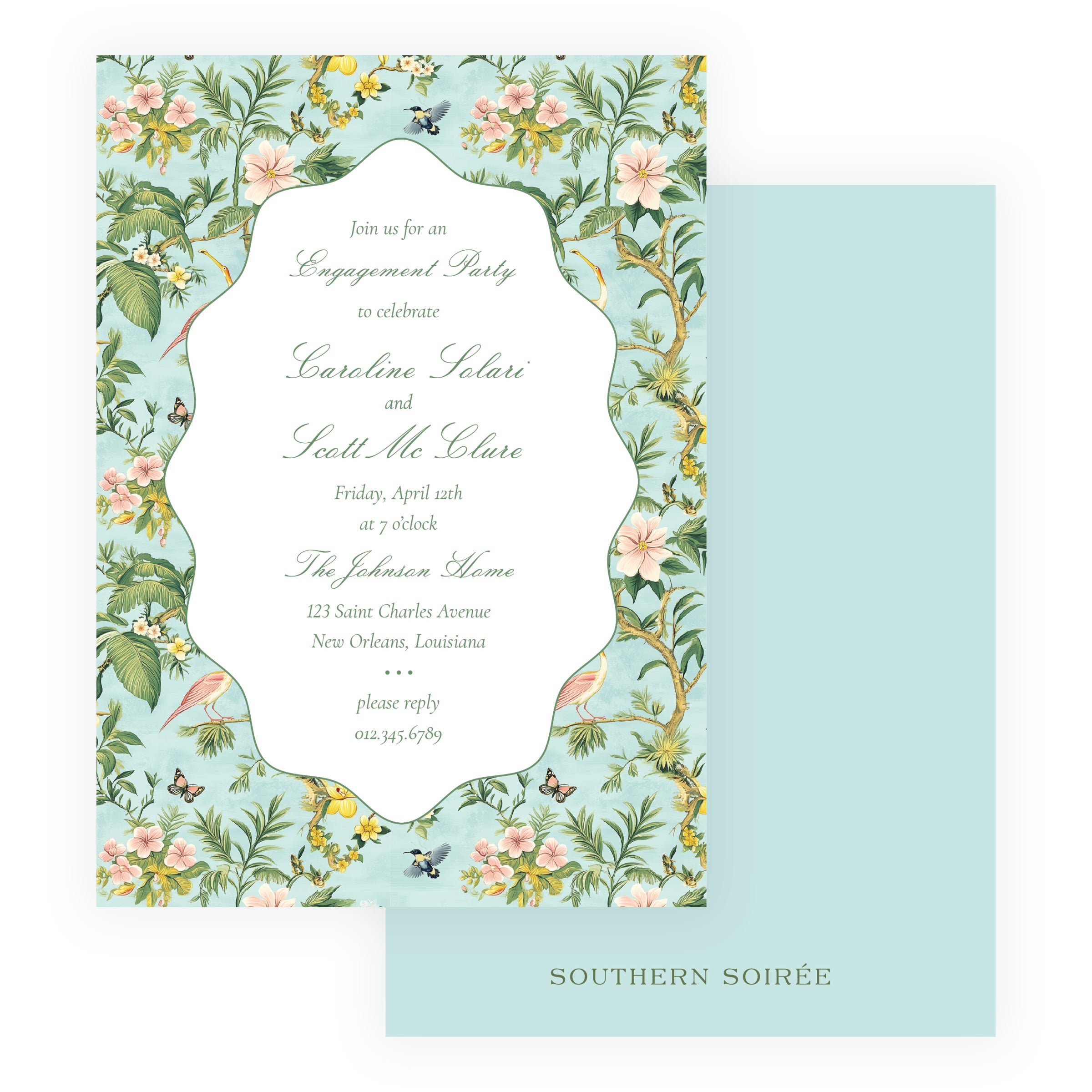Vintage Tropical Chinoiserie Wavy Border Invitation