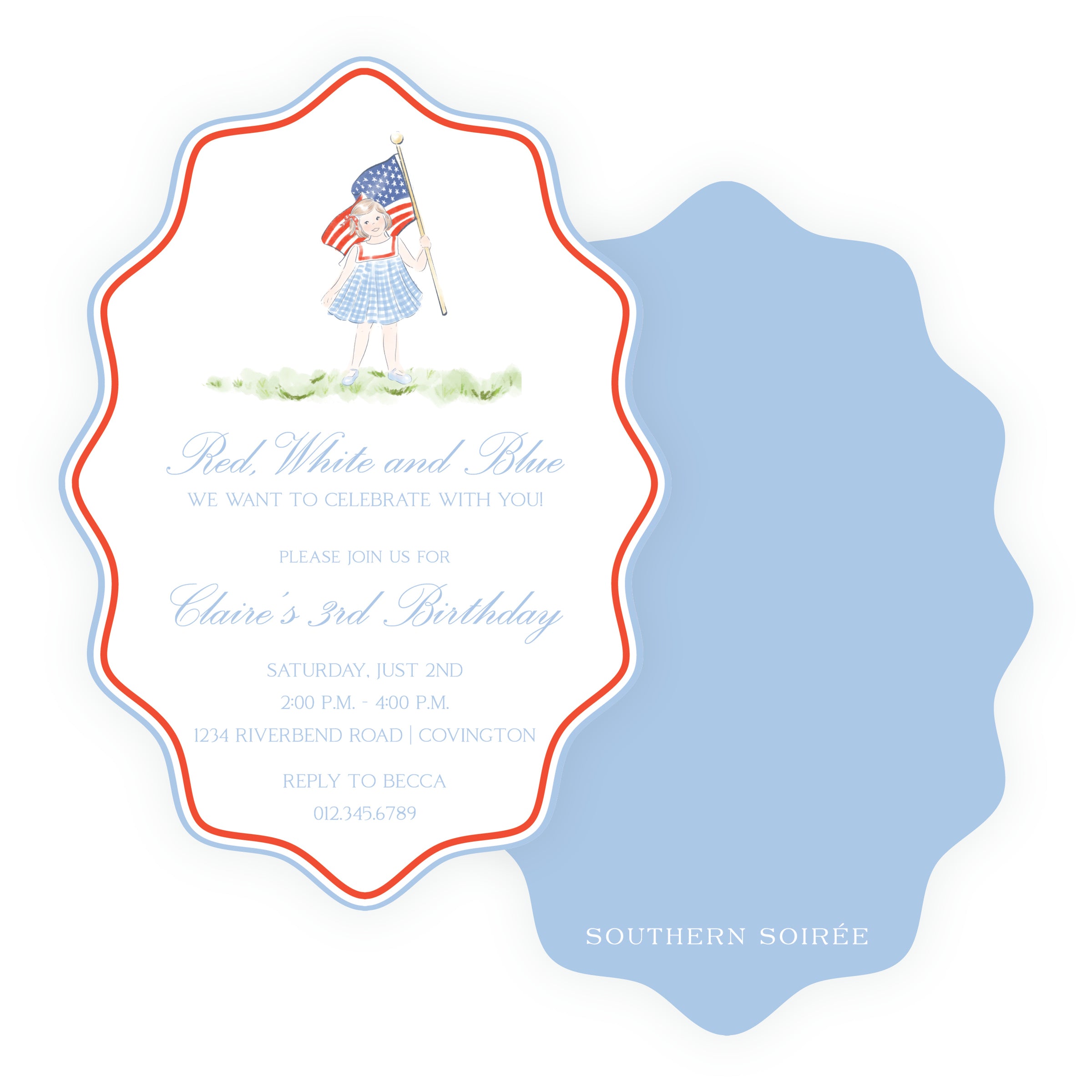 Sweet Liberty Girl with Flag Wavy Oval Invitation