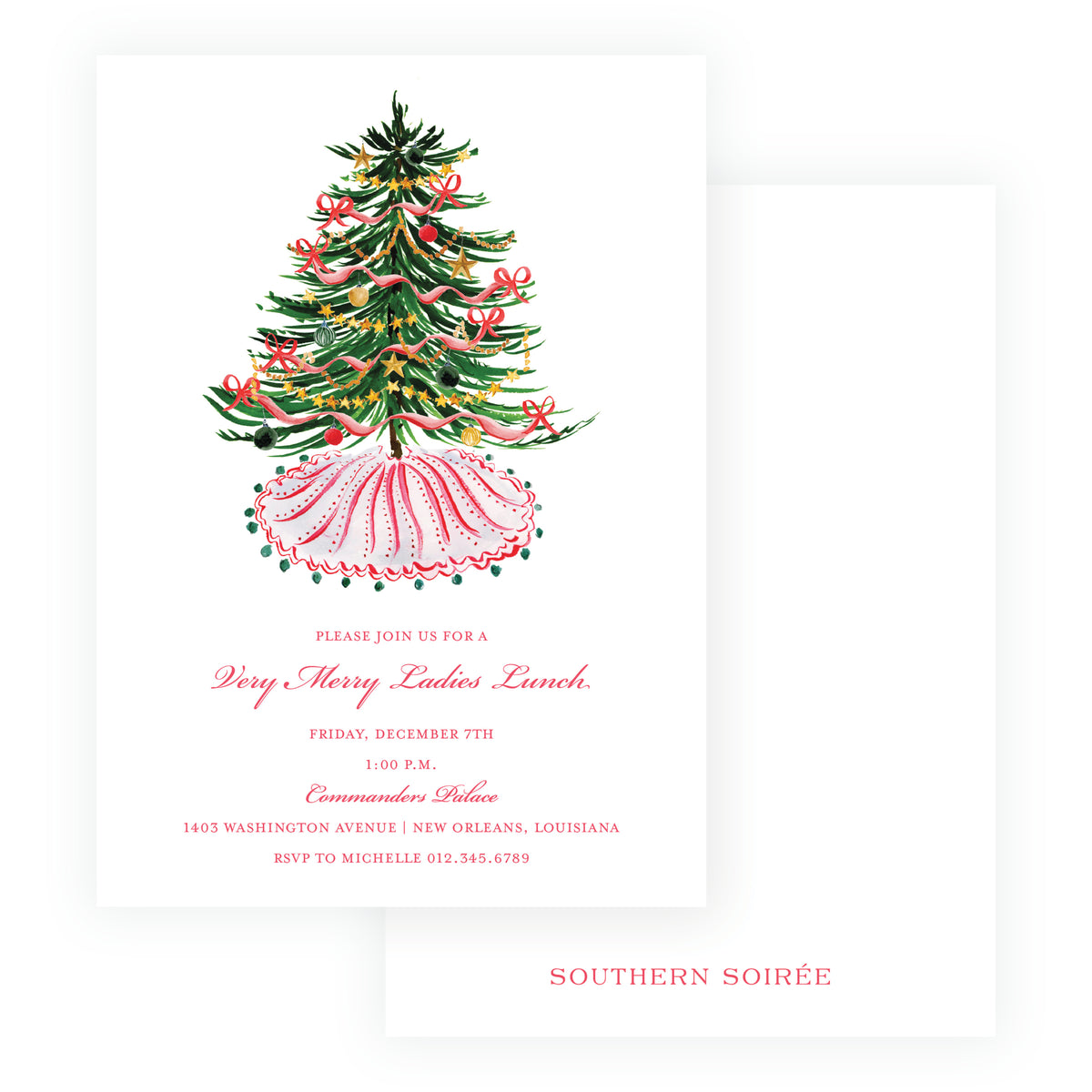 Festive Fir Christmas brunch and luncheon invitation with decorated Christmas tree, colorful ornaments and bows