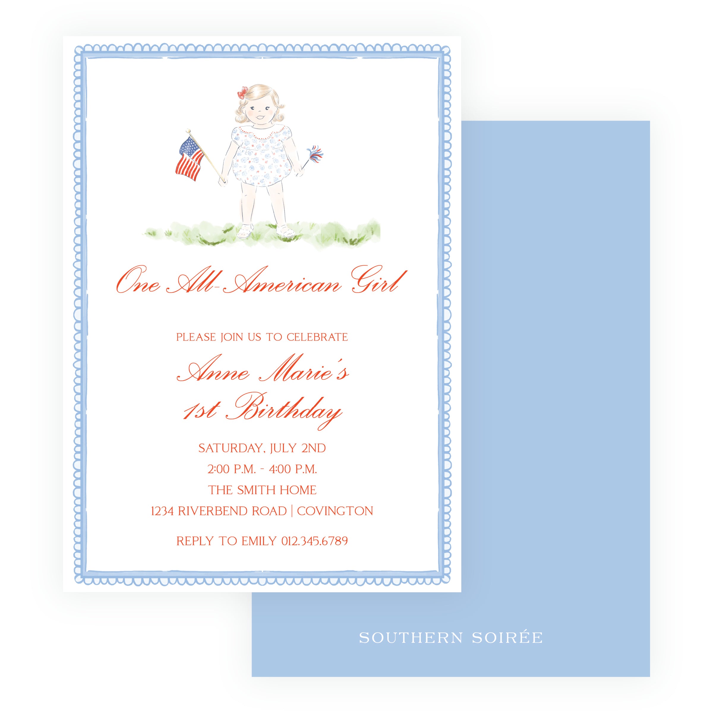 All American girl birthday invitation with watercolor child holding American flags, red script typography, blue scalloped border, patriotic first birthday invitation Southern Soiree