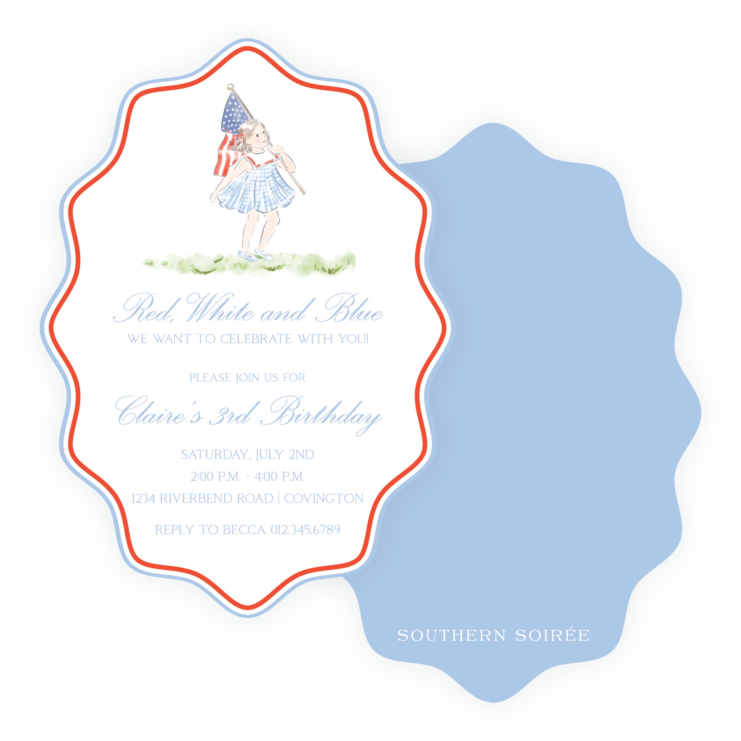 All American girl birthday invitation with watercolor child holding American flags, red script typography, blue scalloped border, patriotic first birthday invitation Southern Soiree