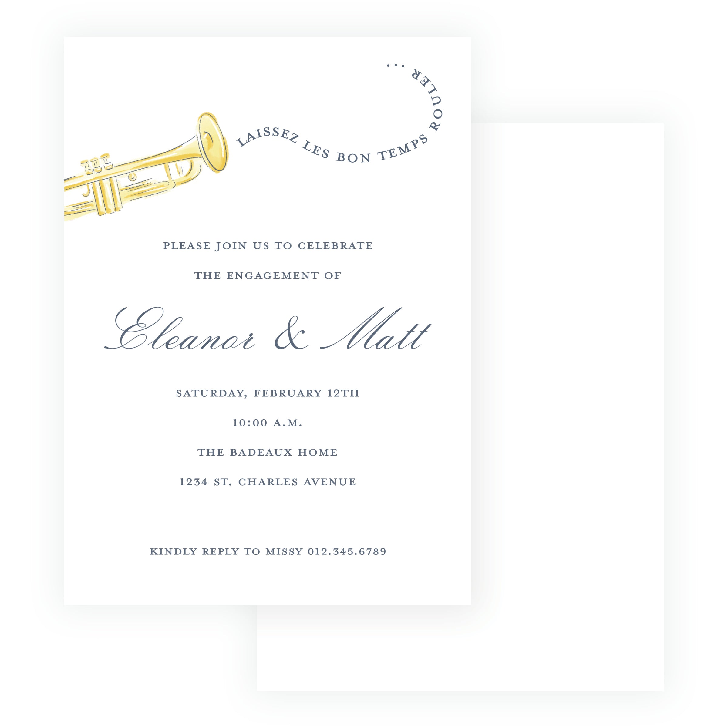 New Orleans engagement party invitation featuring a hand-painted trumpet and Laissez Les Bons Temps Rouler artwork