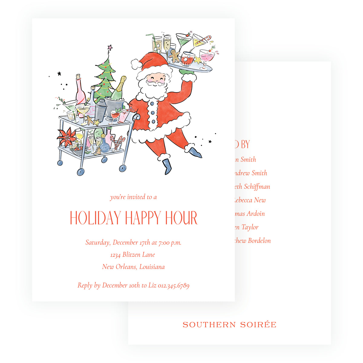 Personalized Santa holiday happy hour Christmas party invitation with festive cocktails, bar cart and coordinating back color options