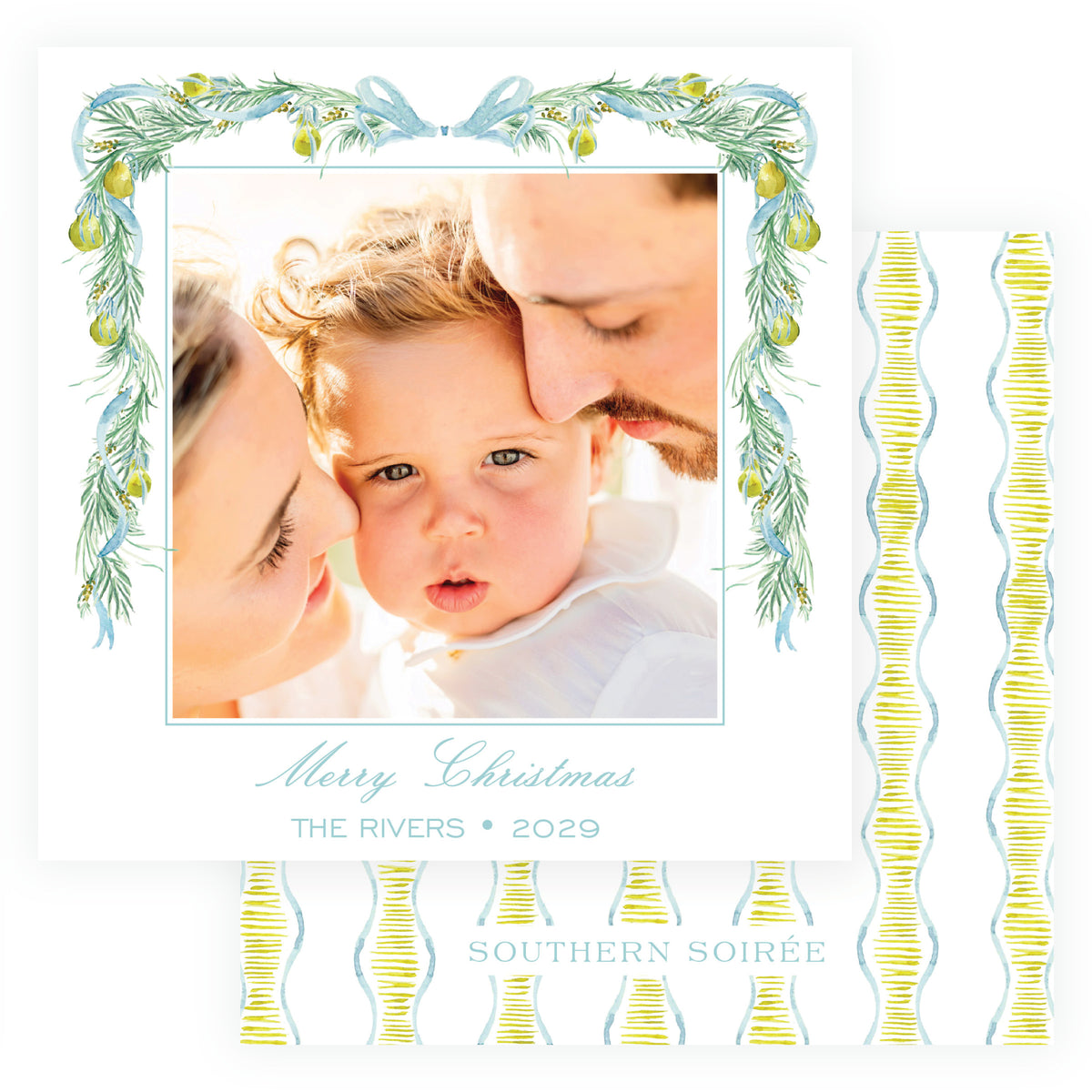 Square personalized Christmas photo card with evergreen and golden pears