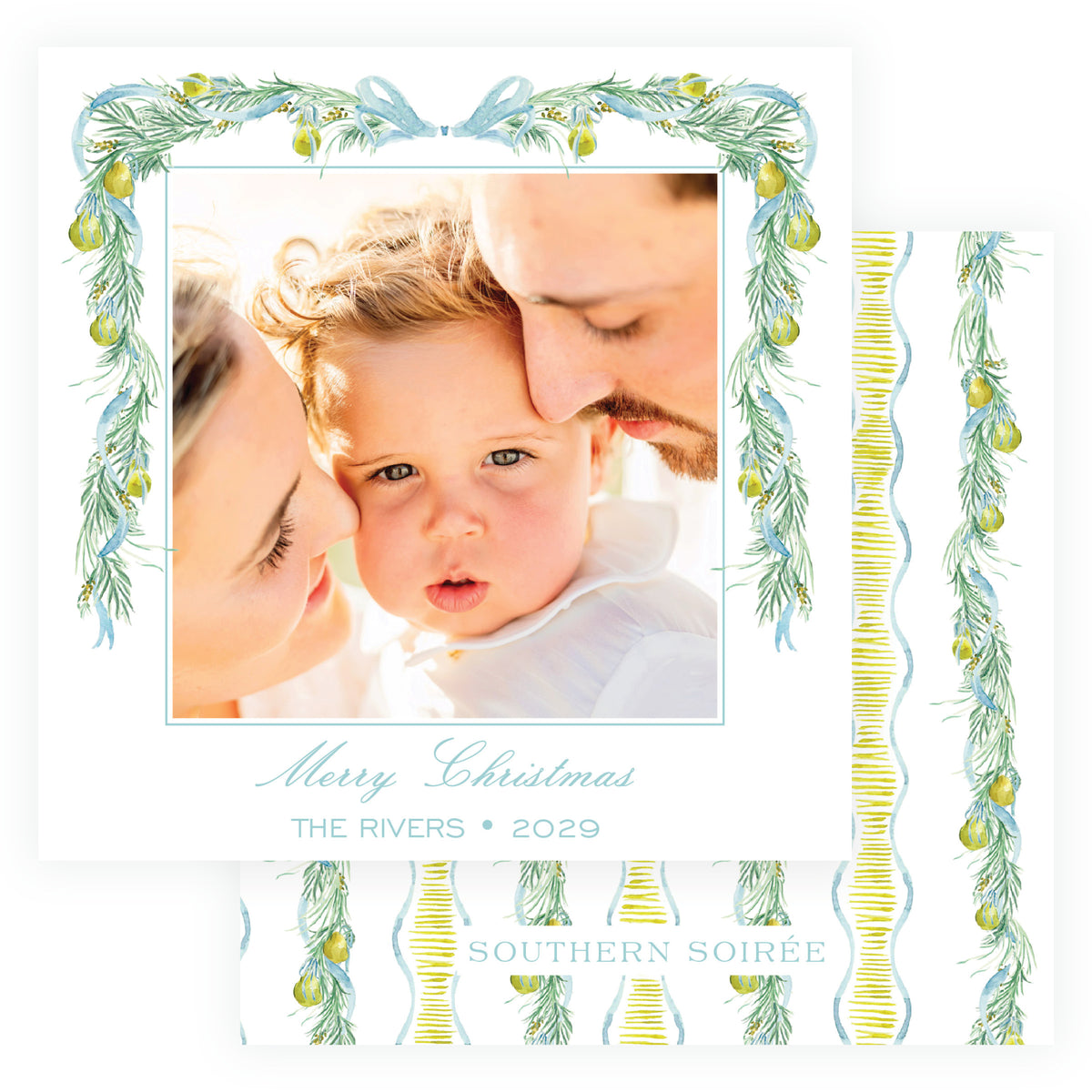 Evergreen garland square Christmas card with family photo and blue bow