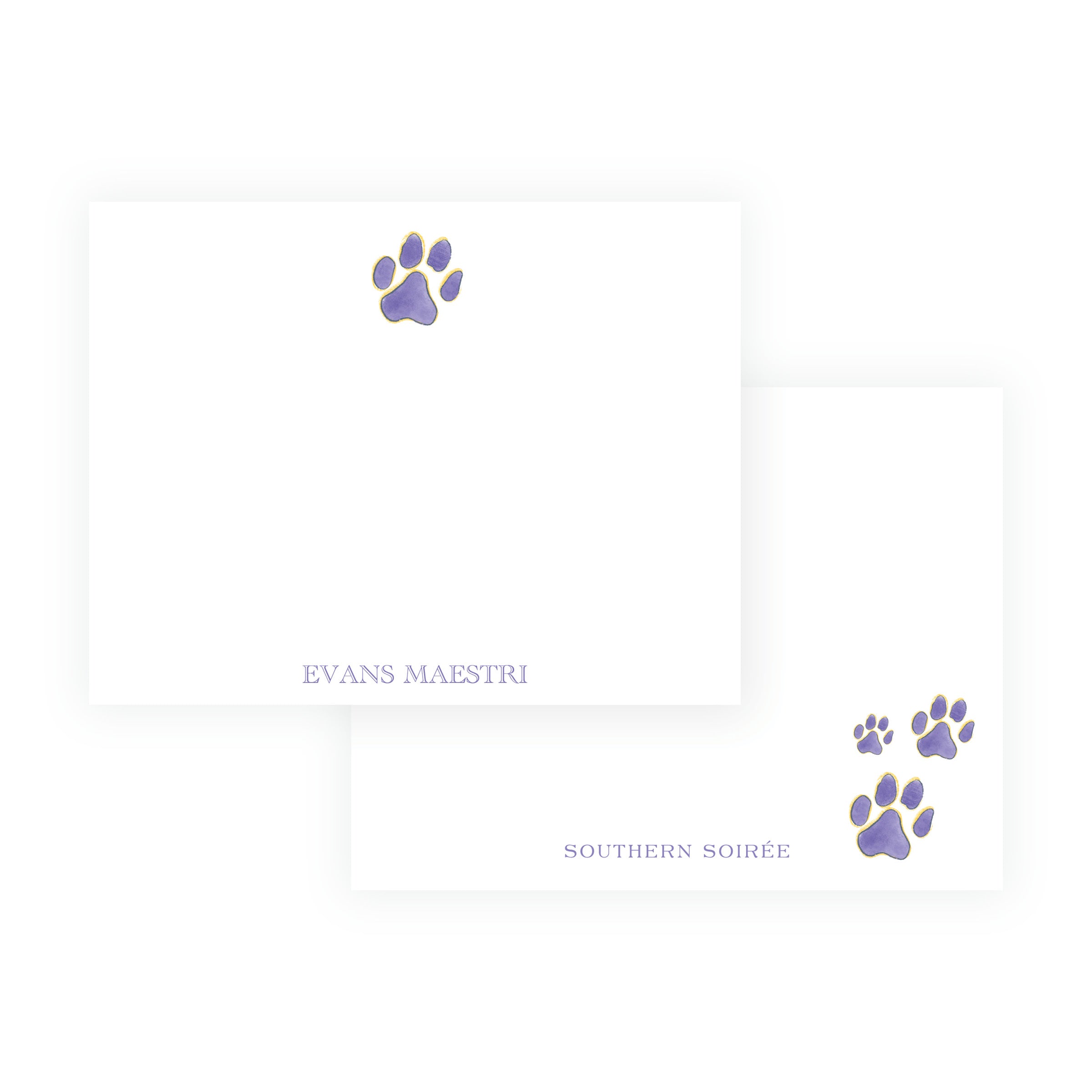 Personalized purple and gold paw print flat note card with name for the tiger fan