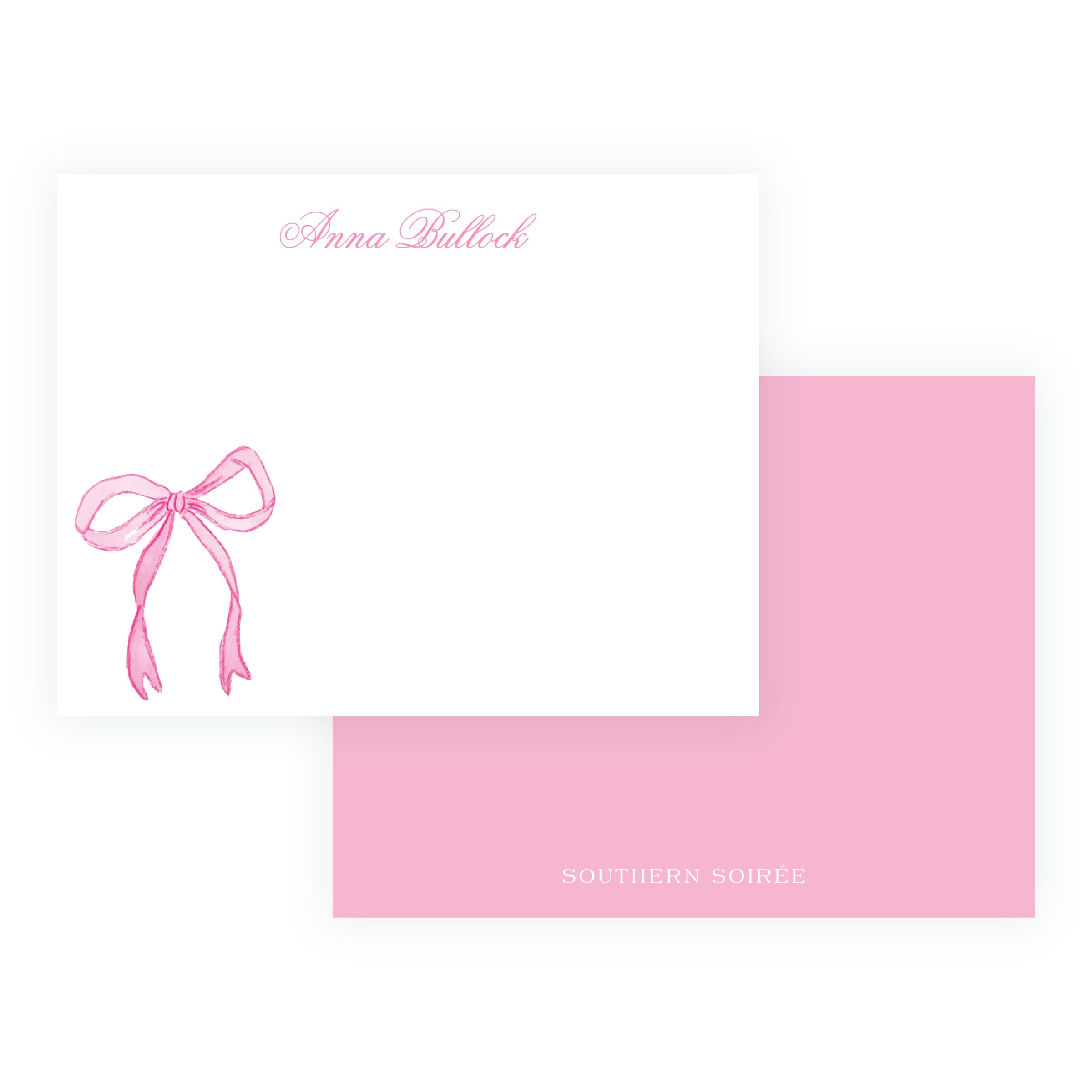 Personalized Tiny Petals pink watercolor bow note cards