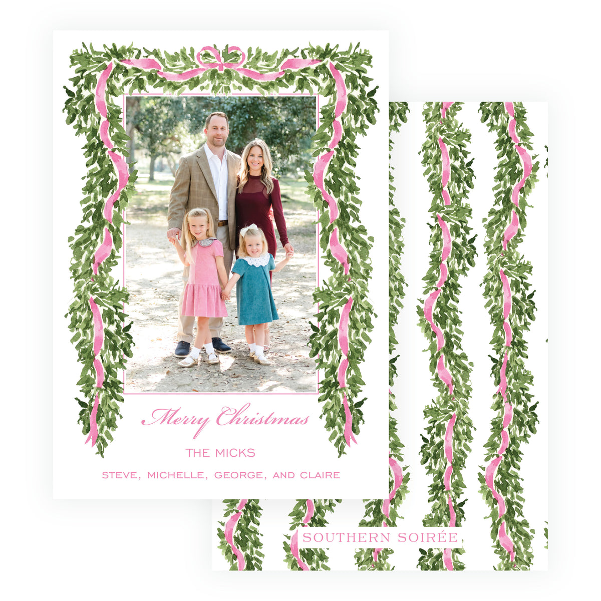 Pink garland frame personalized Christmas photo card with watercolor greenery