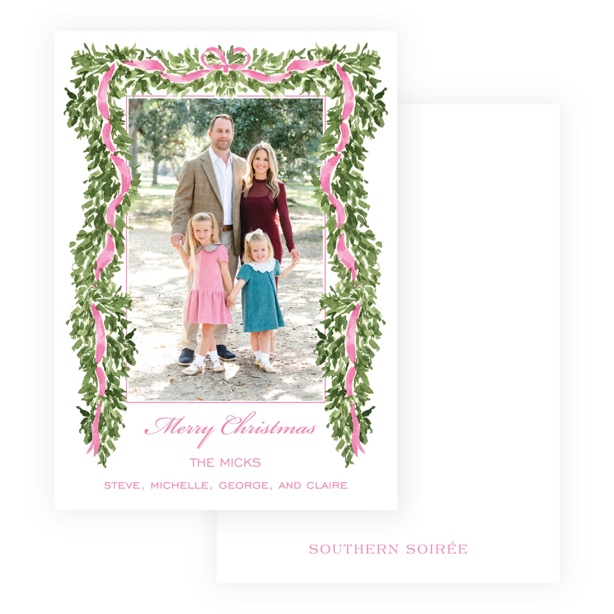 Decked in Garland pink watercolor Christmas photo card