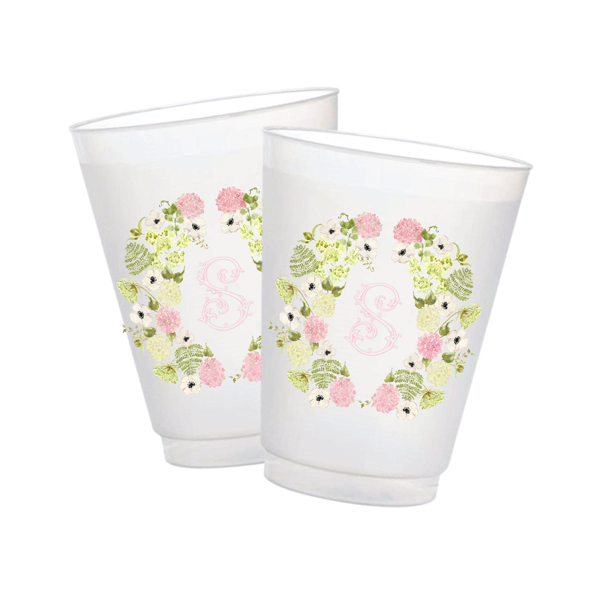 Personalized pink hydrangea monogram frosted cups