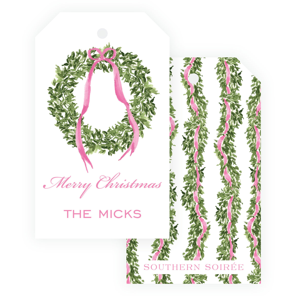 Pink personalized vertical Christmas gift tag with watercolor wreath, pink ribbon bow, and family name.