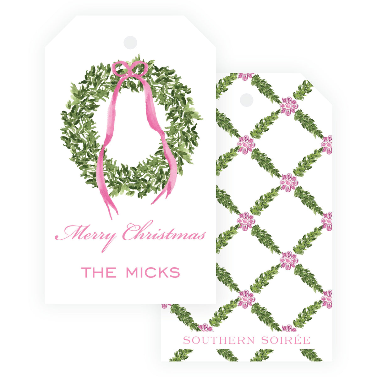 Christmas gift tags with a watercolor green wreath and pink ribbon design.