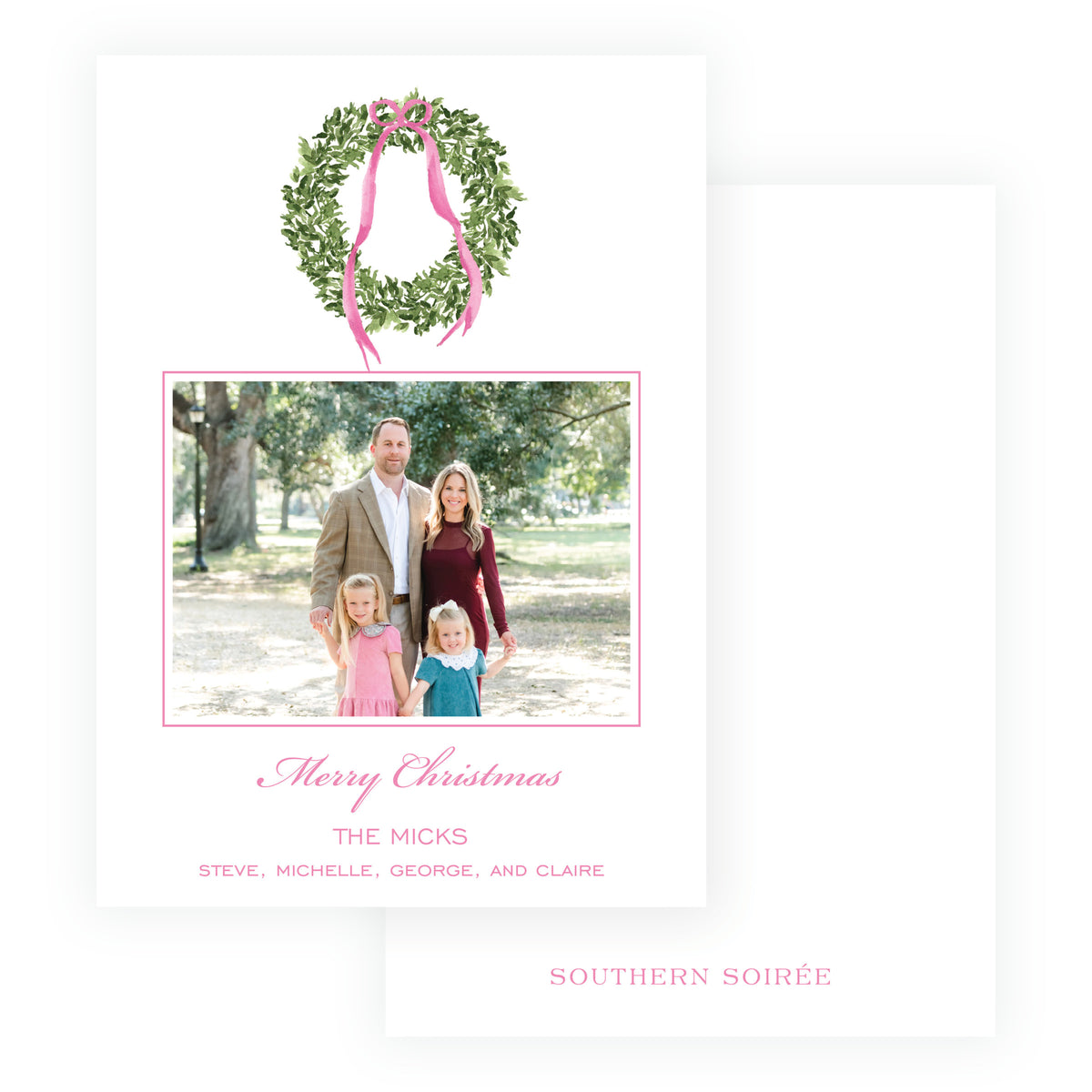 Decked in Garland pink wreath family holiday photo card