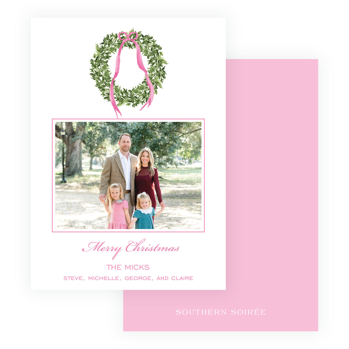 Watercolor Christmas wreath with pink bow personalized photo card