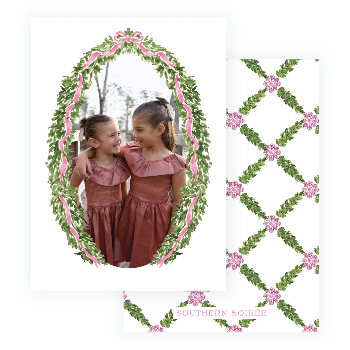 Pink oval garland personalized Christmas photo card with watercolor greenery