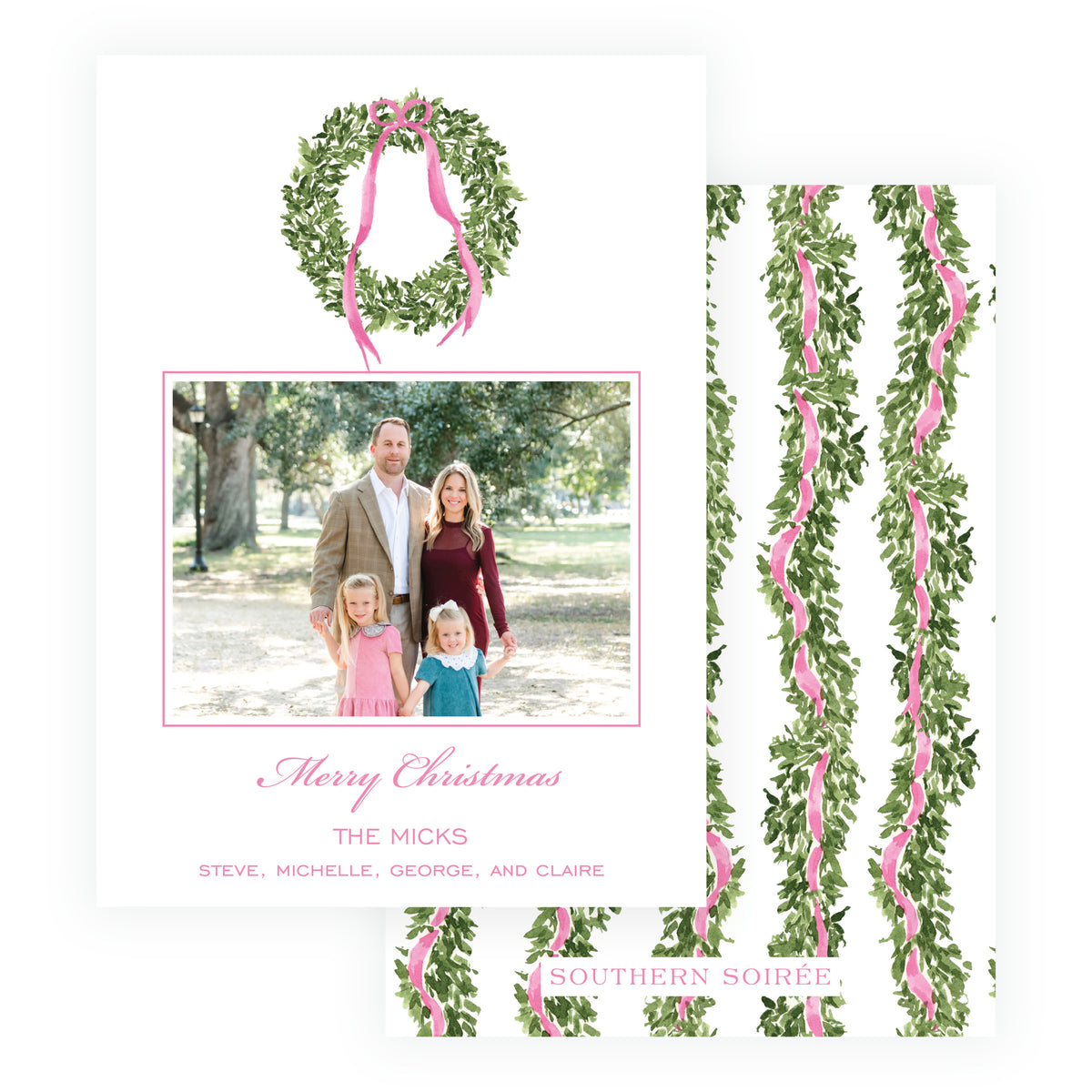 Personalized family Christmas card with evergreen wreath and pink ribbon