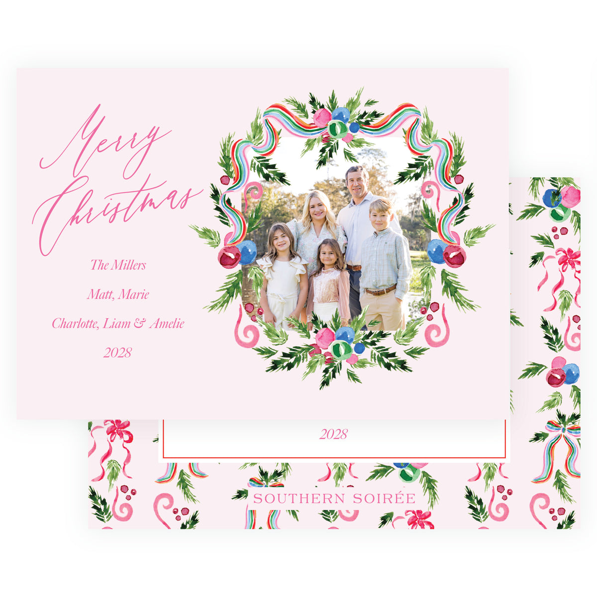 Merry Wreath Pink Landscape Personalized Christmas Photo Card