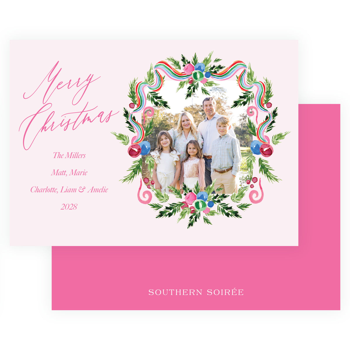Merry Wreath Pink Landscape Personalized Christmas Photo Card