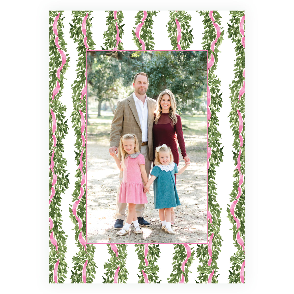 Personalized family Christmas card with watercolor greenery and pink ribbon