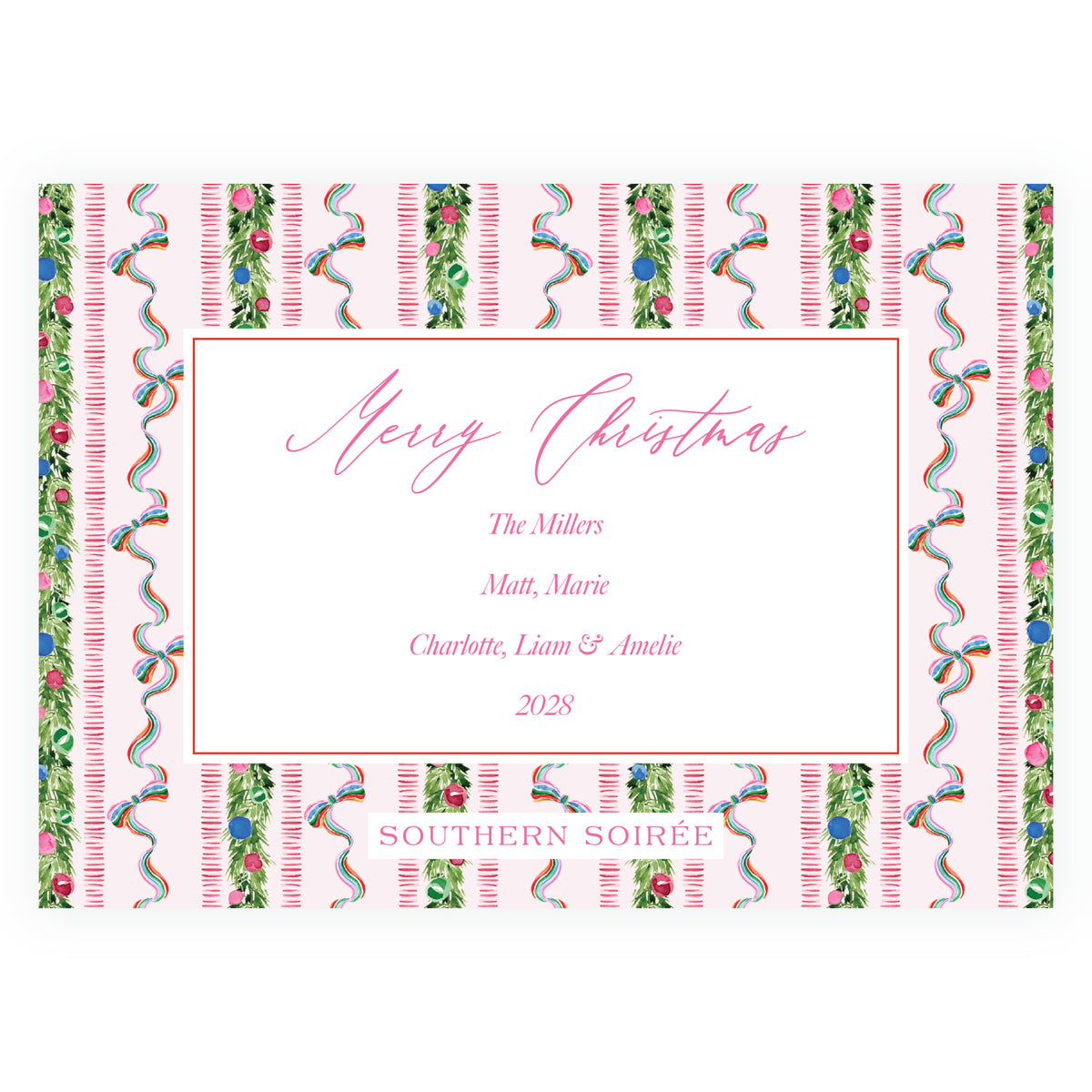 Merry Wreath Pink Landscape Personalized Christmas Photo Card