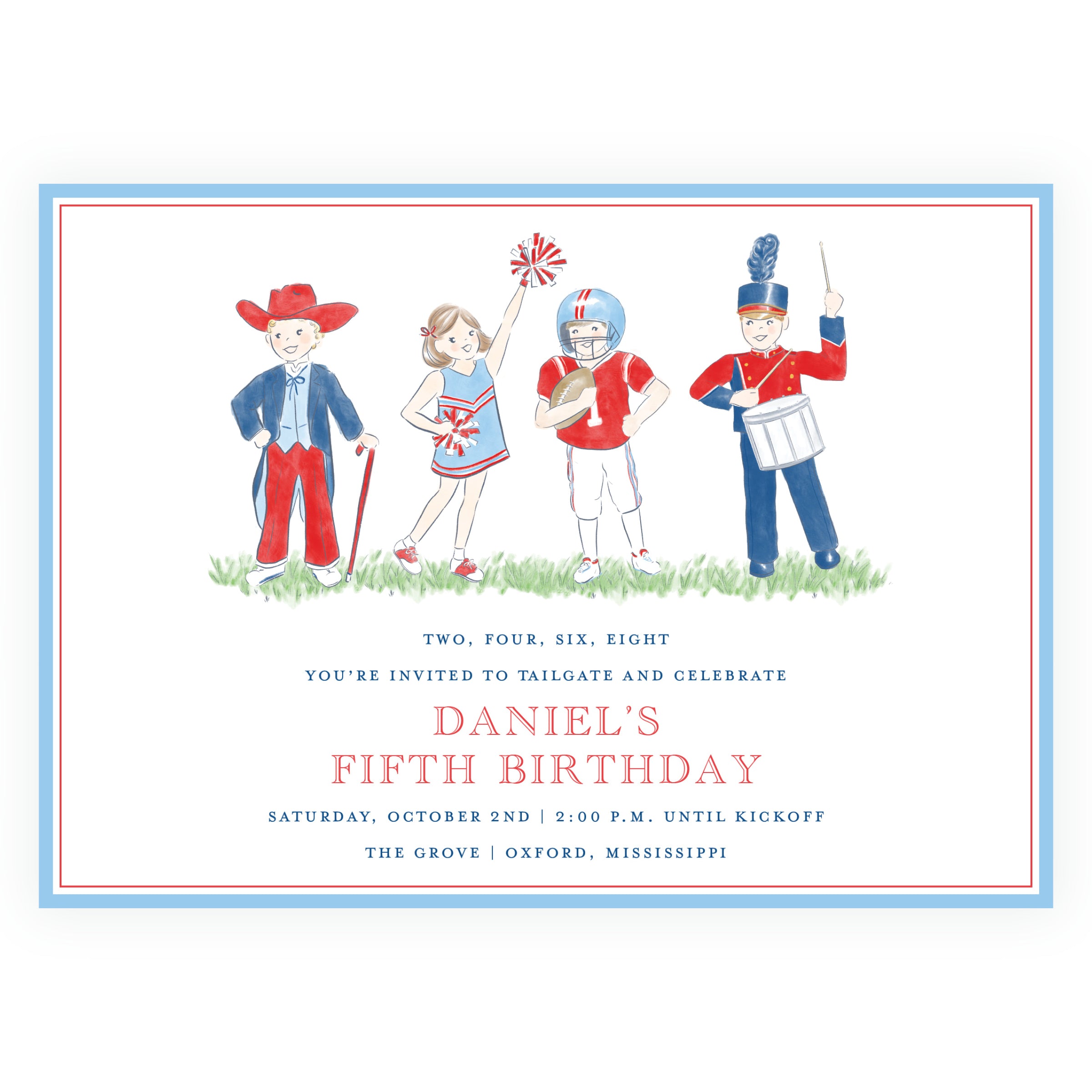 Red, Navy & Powder Blue Football Birthday Invitation - Team Spirit