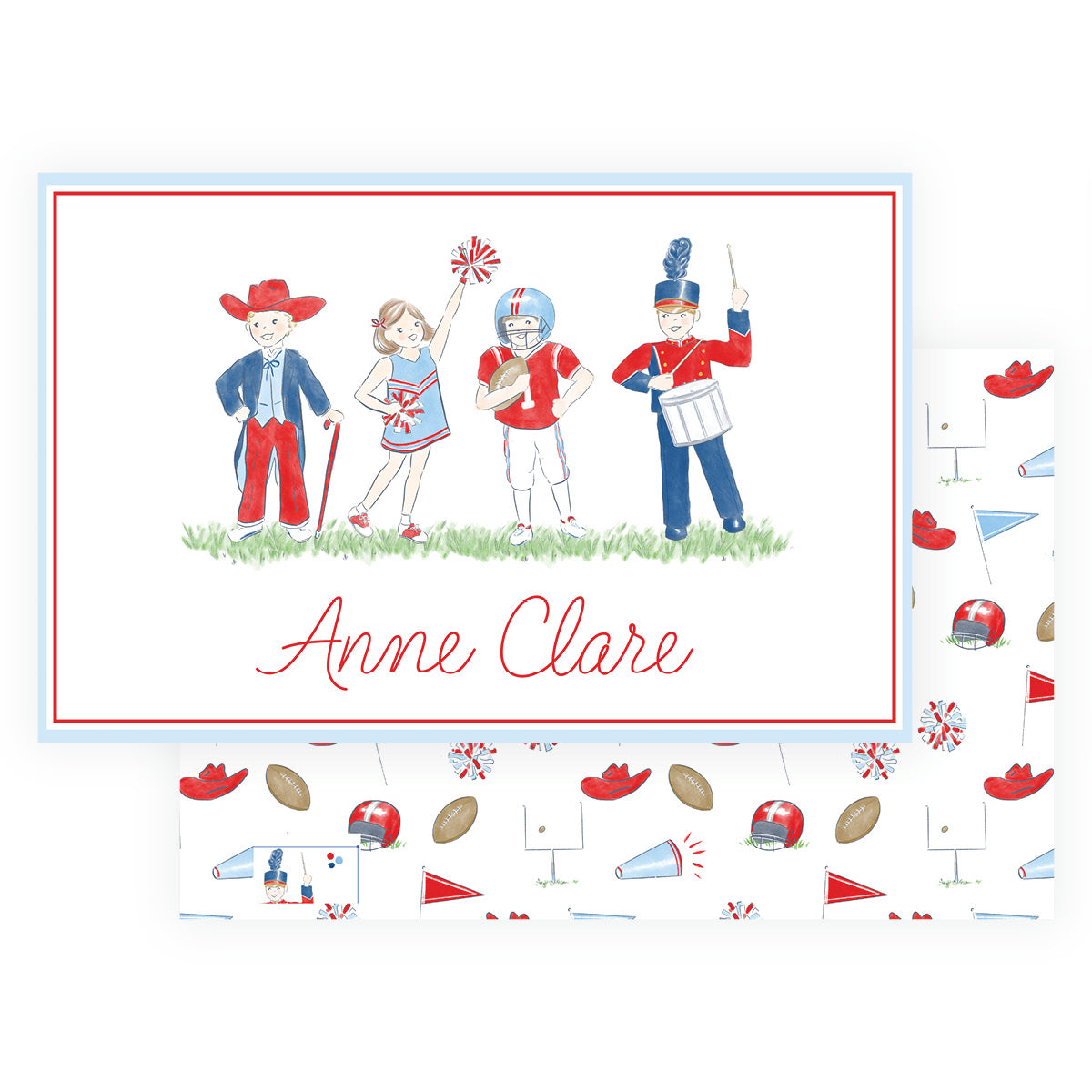 Personalized football script placemat for kids with red and blue watercolor game day characters. cheerleader, football player