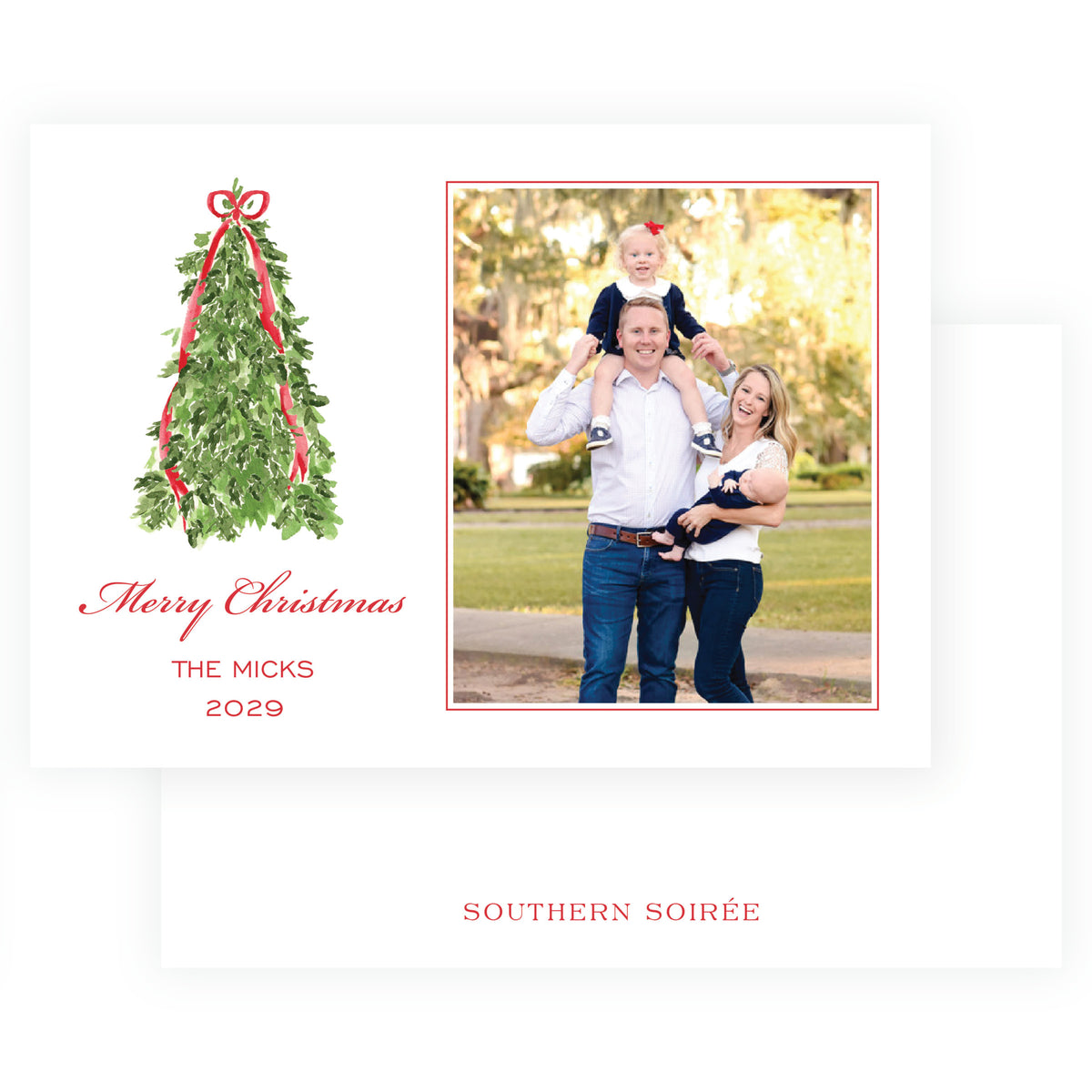 Personalized landscape Christmas card with red ribbon Christmas tree