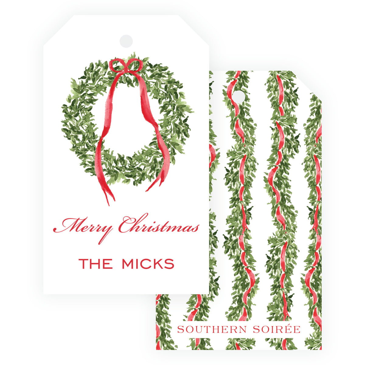 Decked in Bows Red Wreath Personalized Christmas Gift Tag