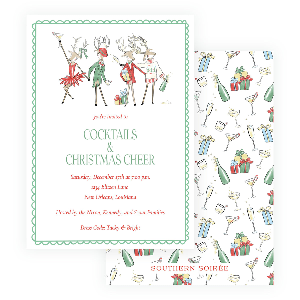 Reindeer Revelry Cocktails and Christmas Cheer holiday party invitation with watercolor Christmas reindeer and green scalloped border