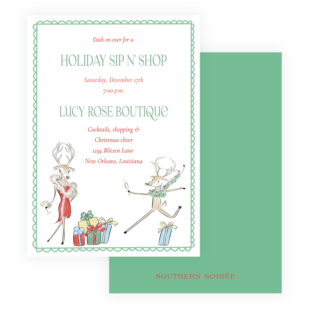 Reindeer Revelry Holiday Sip N’ Shop Christmas invitation with watercolor reindeer, wrapped gifts and green scalloped border