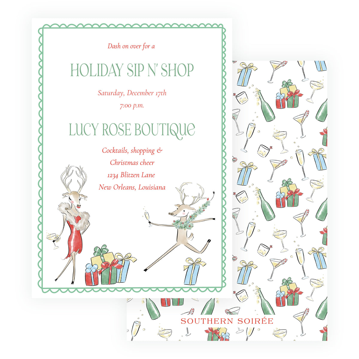 Reindeer Revelry Holiday Sip N’ Shop Christmas Invitation