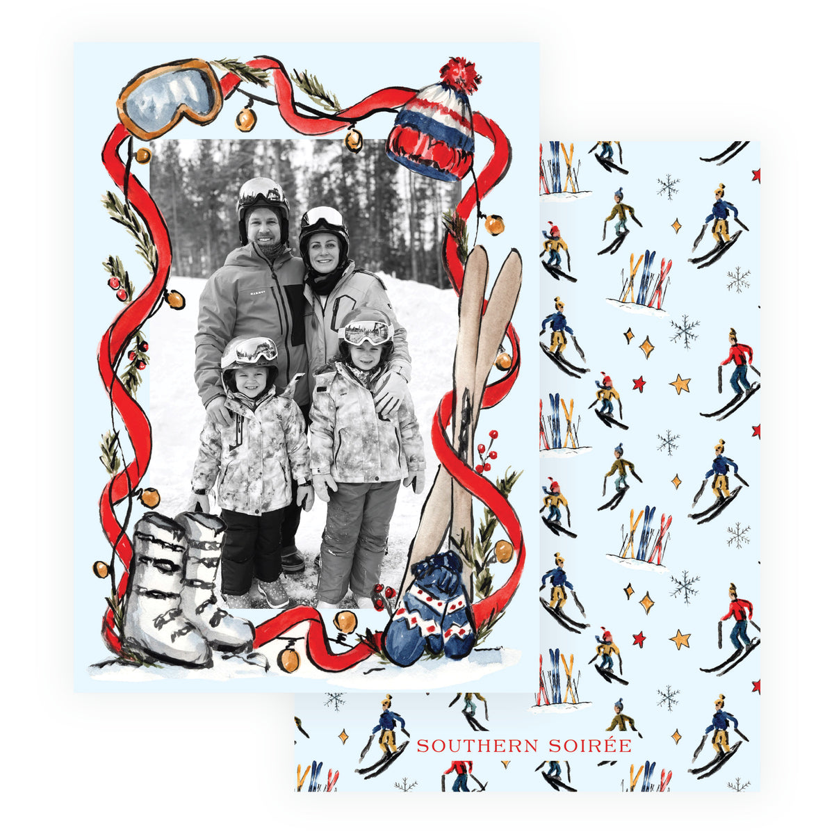Alpine Holiday – Blue Ski Ribbon Frame Personalized Holiday Photo Card