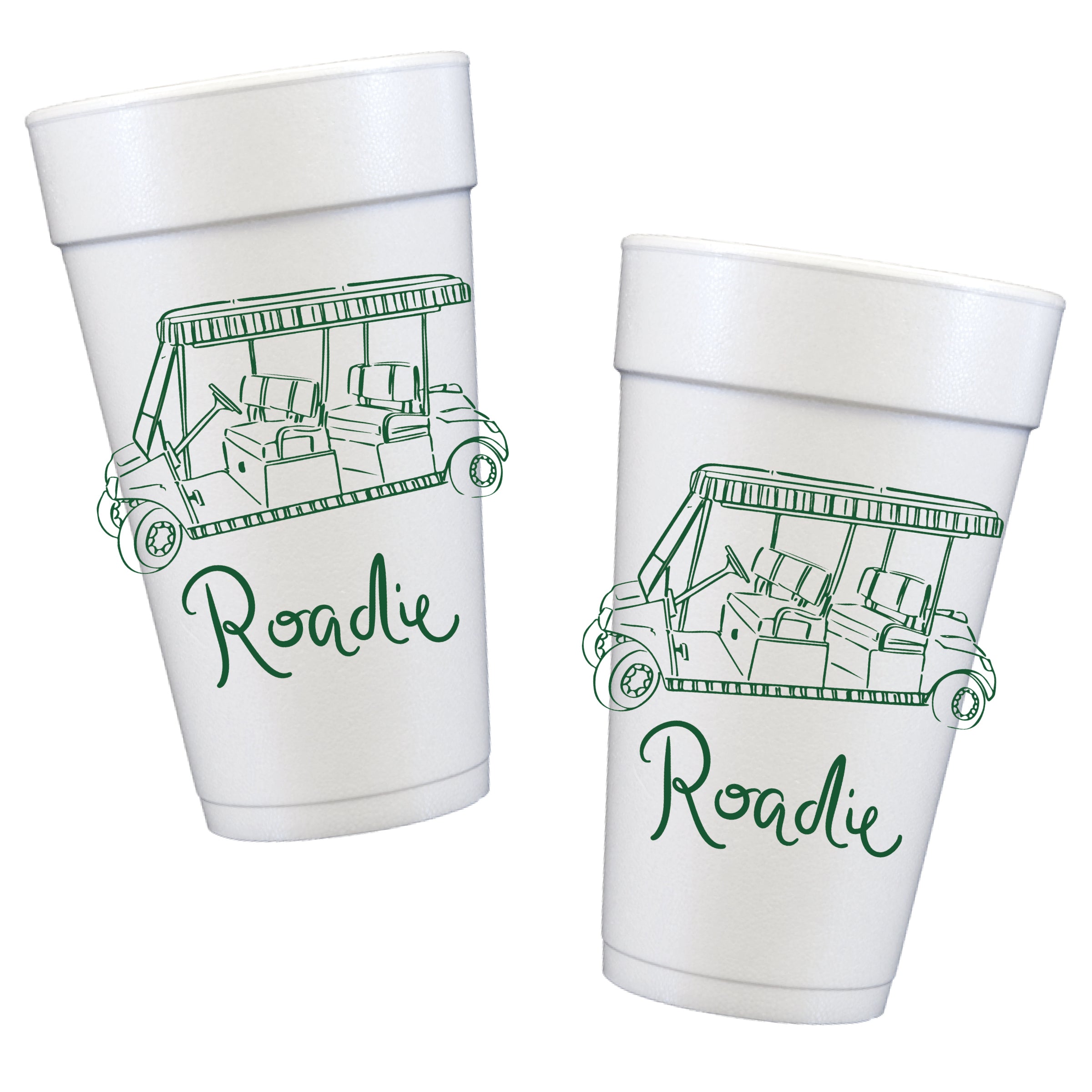 Roadie Styrofoam cups with green golf cart illustration and script lettering