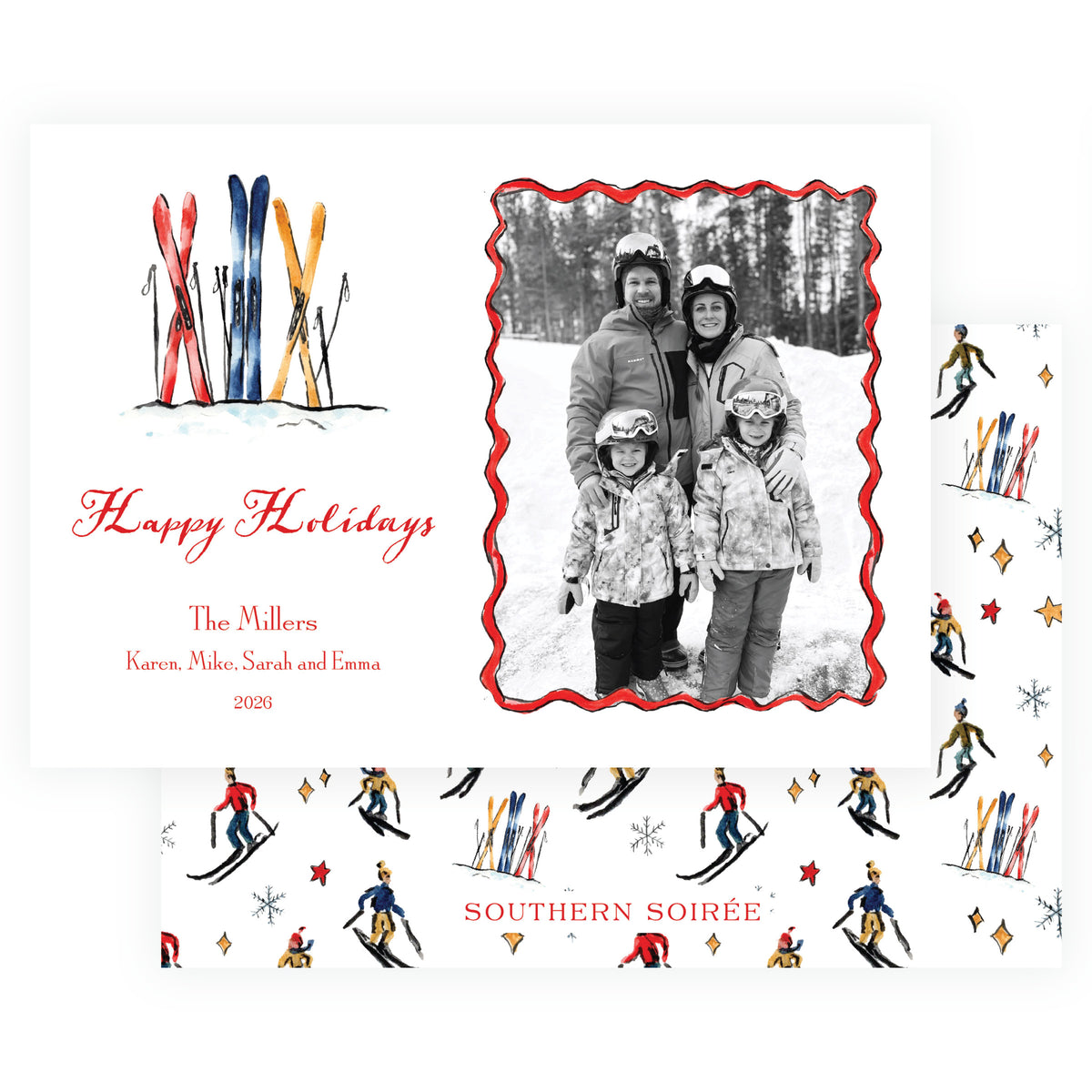 Alpine Holiday ski Christmas card with red navy and gold watercolor skis and family photo