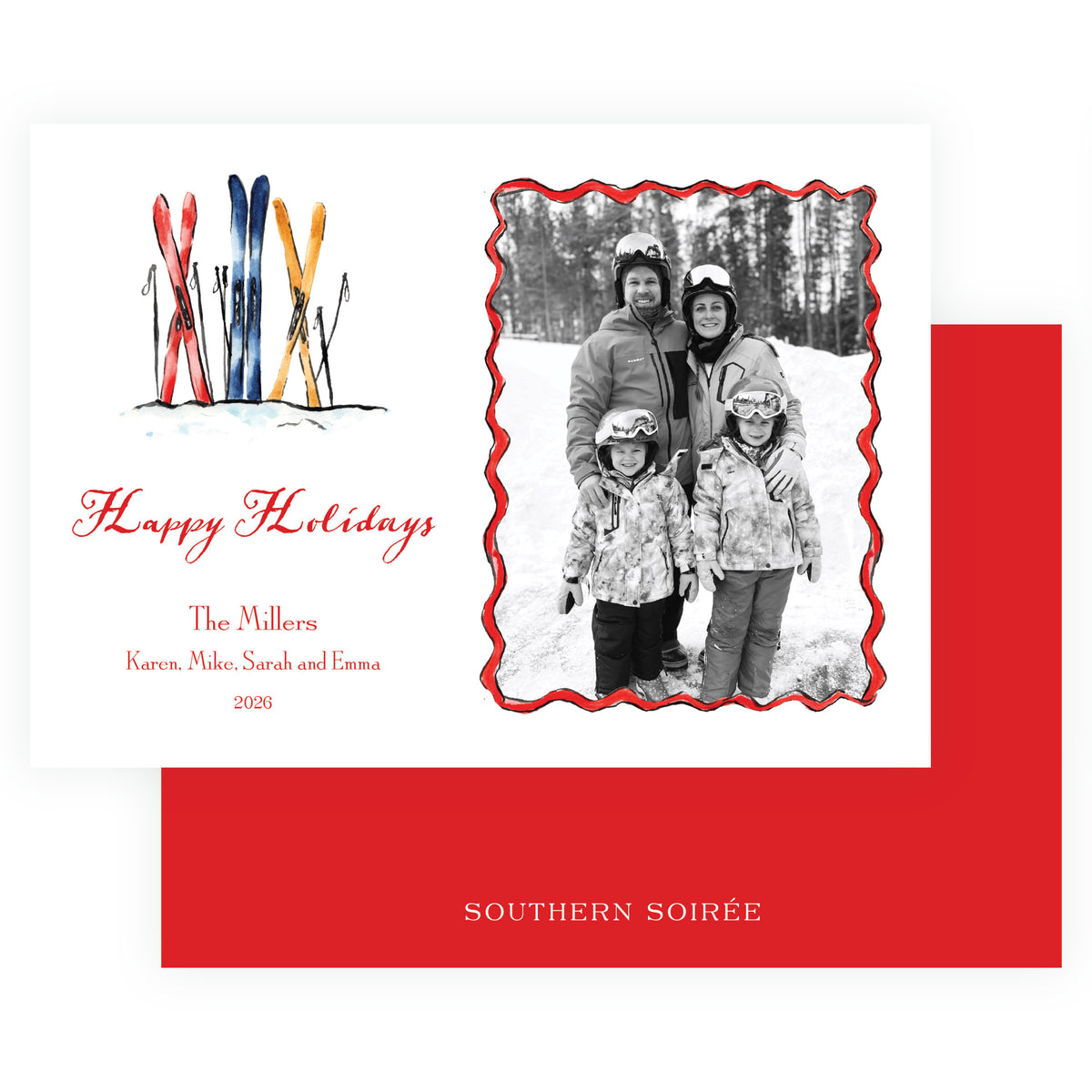 Personalized ski holiday card featuring watercolor skis in red navy and golden yellow