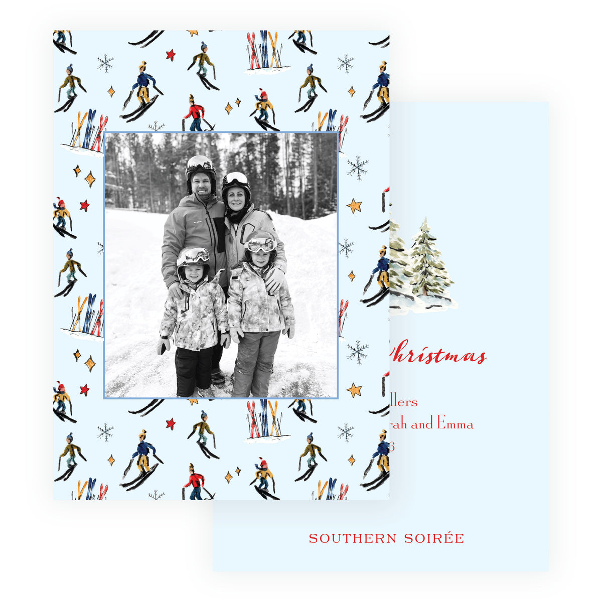 Blue ski pattern personalized holiday photo card with exclusive watercolor skiers, skis and snowflakes