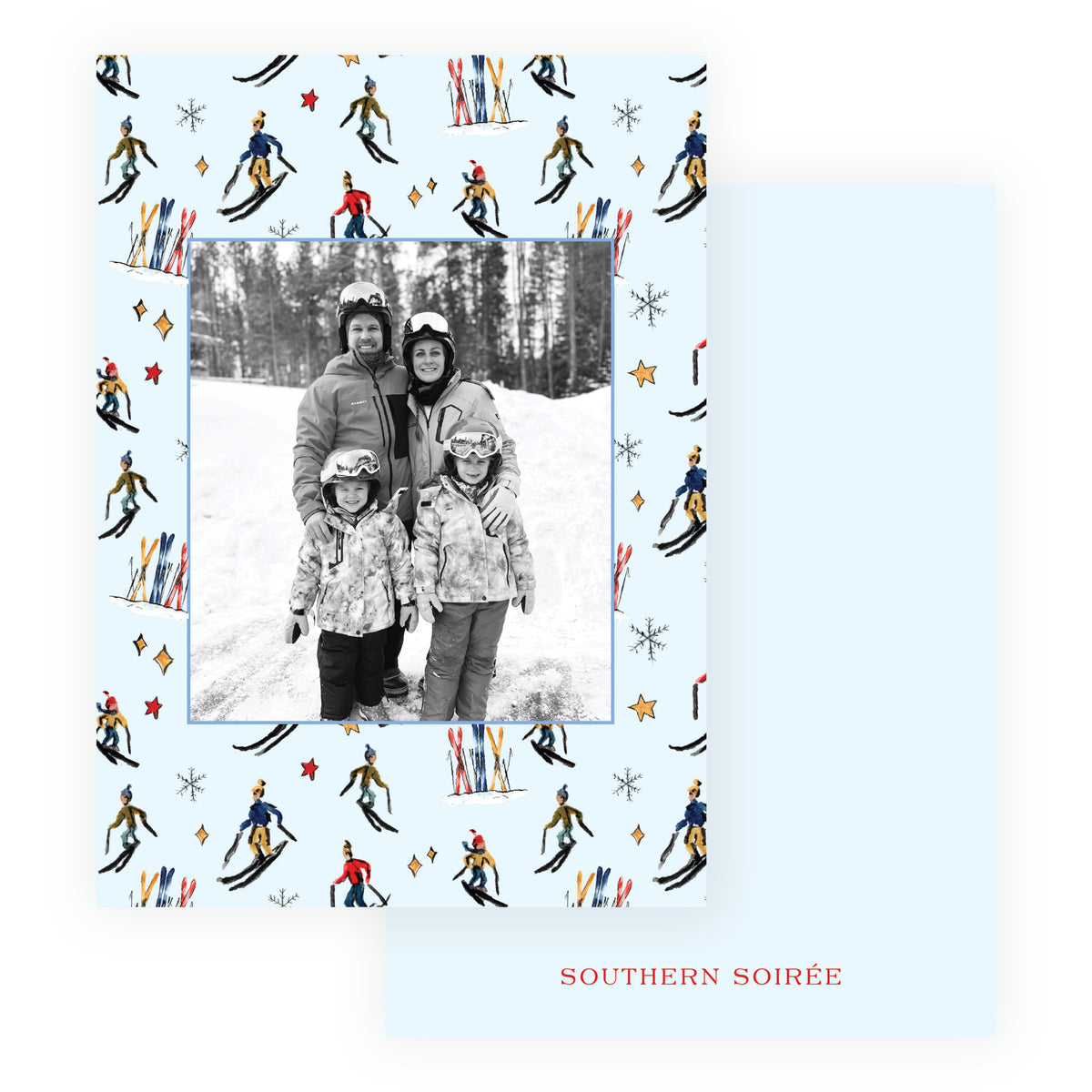 Alpine Holiday blue ski pattern personalized photo card with coordinating powder blue back