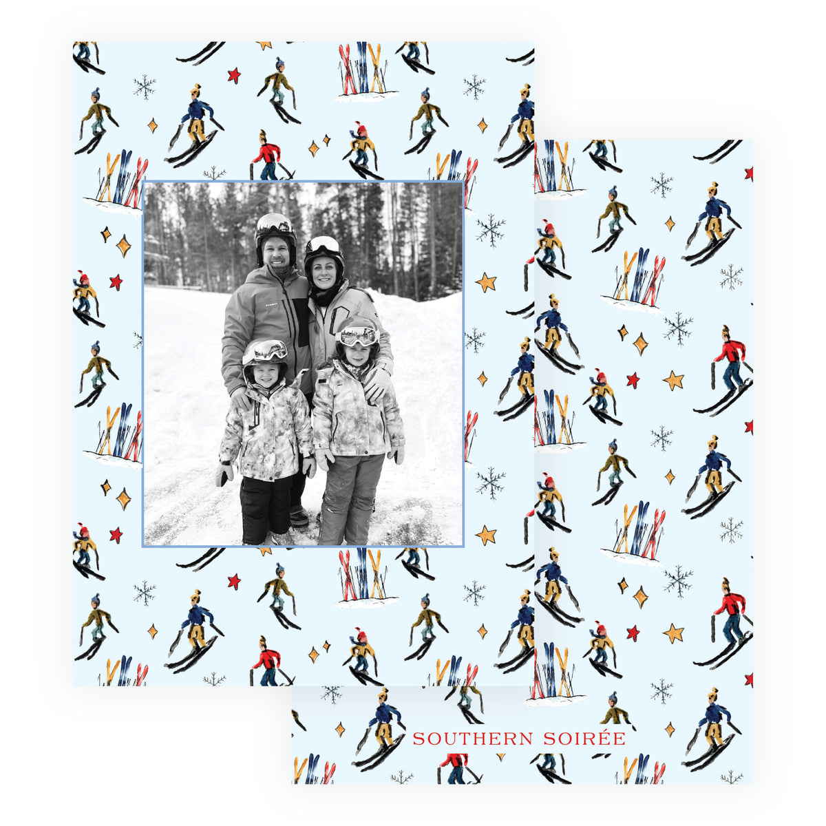 Alpine Holiday – Blue Ski Pattern Personalized Holiday Photo Card