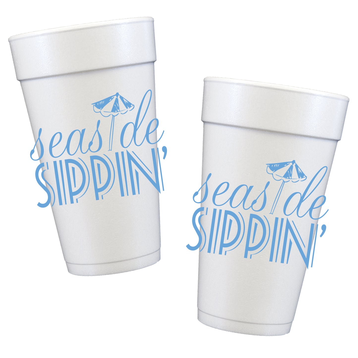 easide Sippin’ foam party cups with blue beach umbrella design – coastal beach house drink cups for summer entertaining, lake house, boat parties and seaside gatherings.