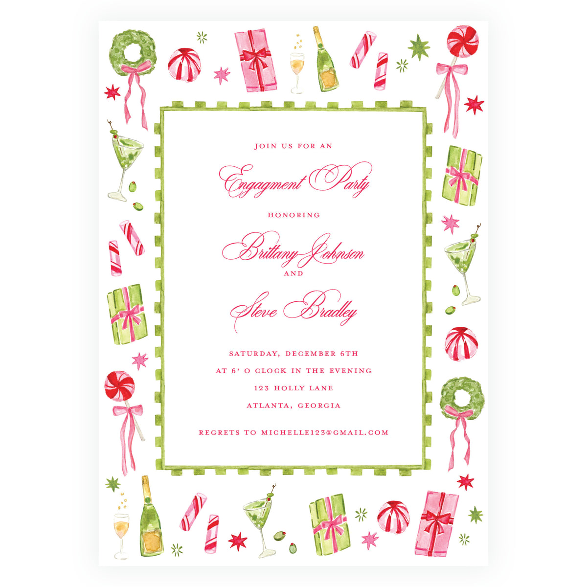 Personalized holiday engagement invitation with festive watercolor artwork